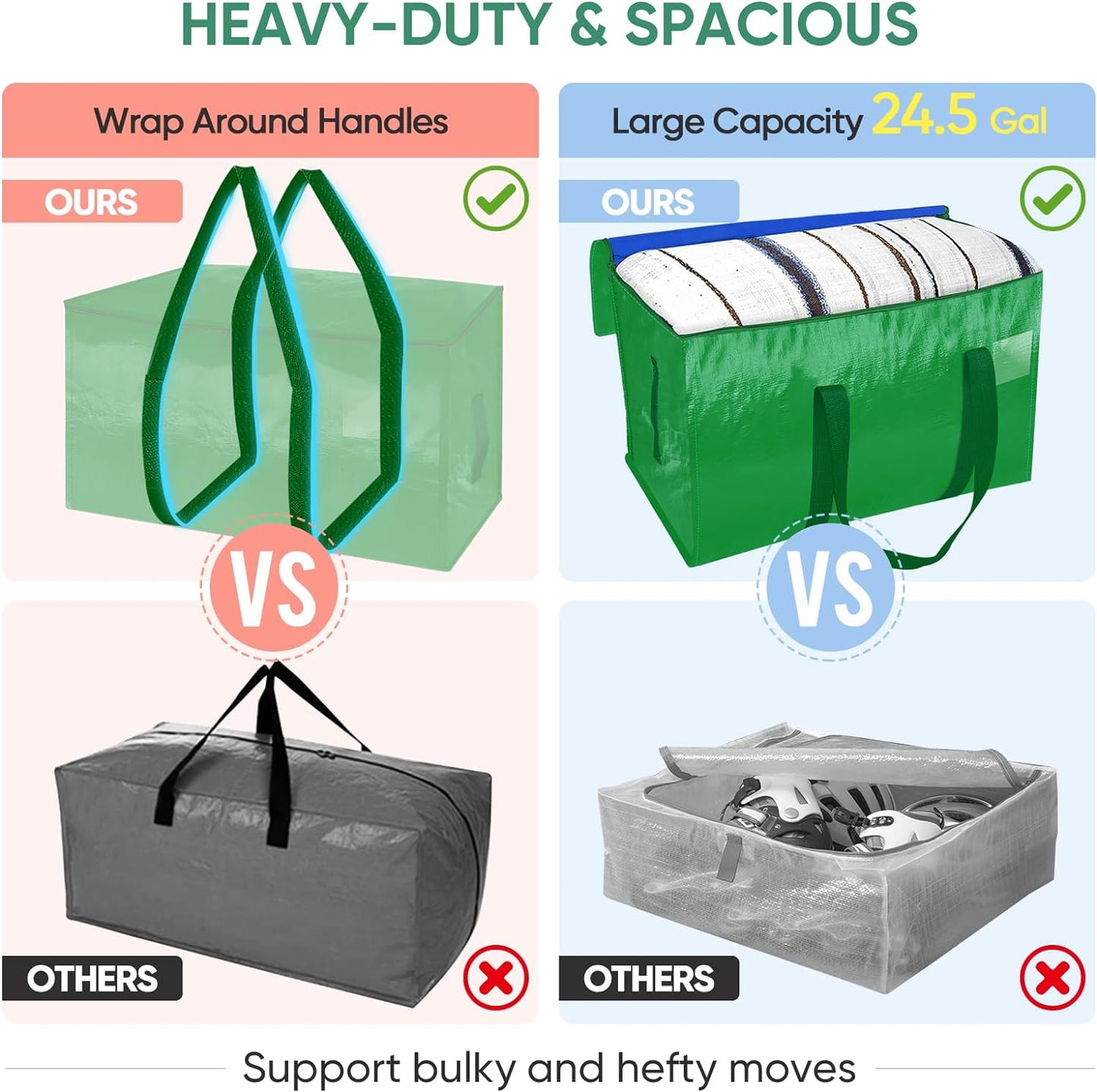 BALEINE 6-Pack Oversized Moving Bags with Reinforced Handles, Heavy-Duty Storage Tote for Clothes, Moving Supplies (Light Green, 6-Pack)