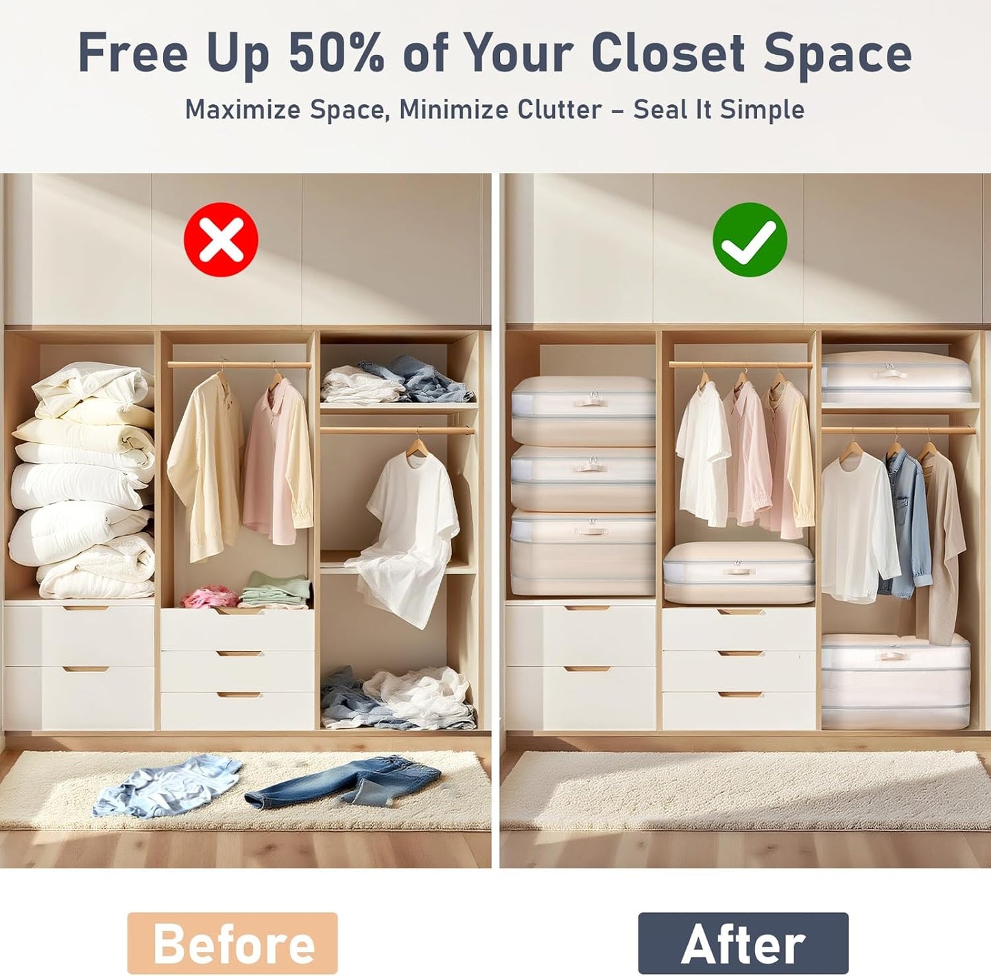 DIMJ Comforter Storage Bag - 100L Large Capacity Blanket Storage Compression Bags, Washable Space Saving Self Compression Organizer with Window Handles, Space Saver for Clothes, Bedding, Sheet