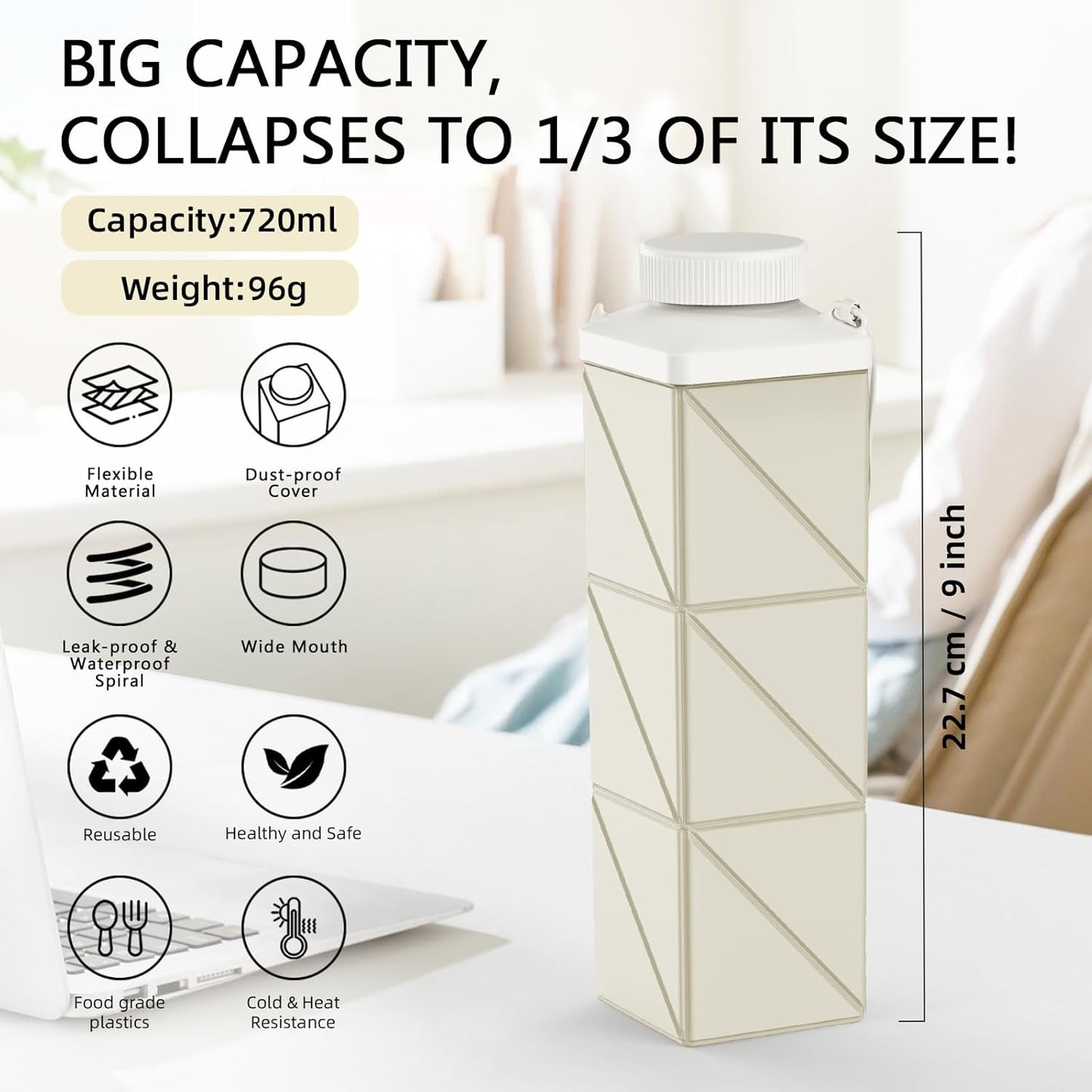 24oz Collapsible Water Bottles–Food-Grade,BPA-Free,Leakproof,Lightweight,Foldable Design Perfect For Travel,Hiking,Camping,Gym,Sports Bottle,Reusable Compact,Ideal Hydration Companion Beige