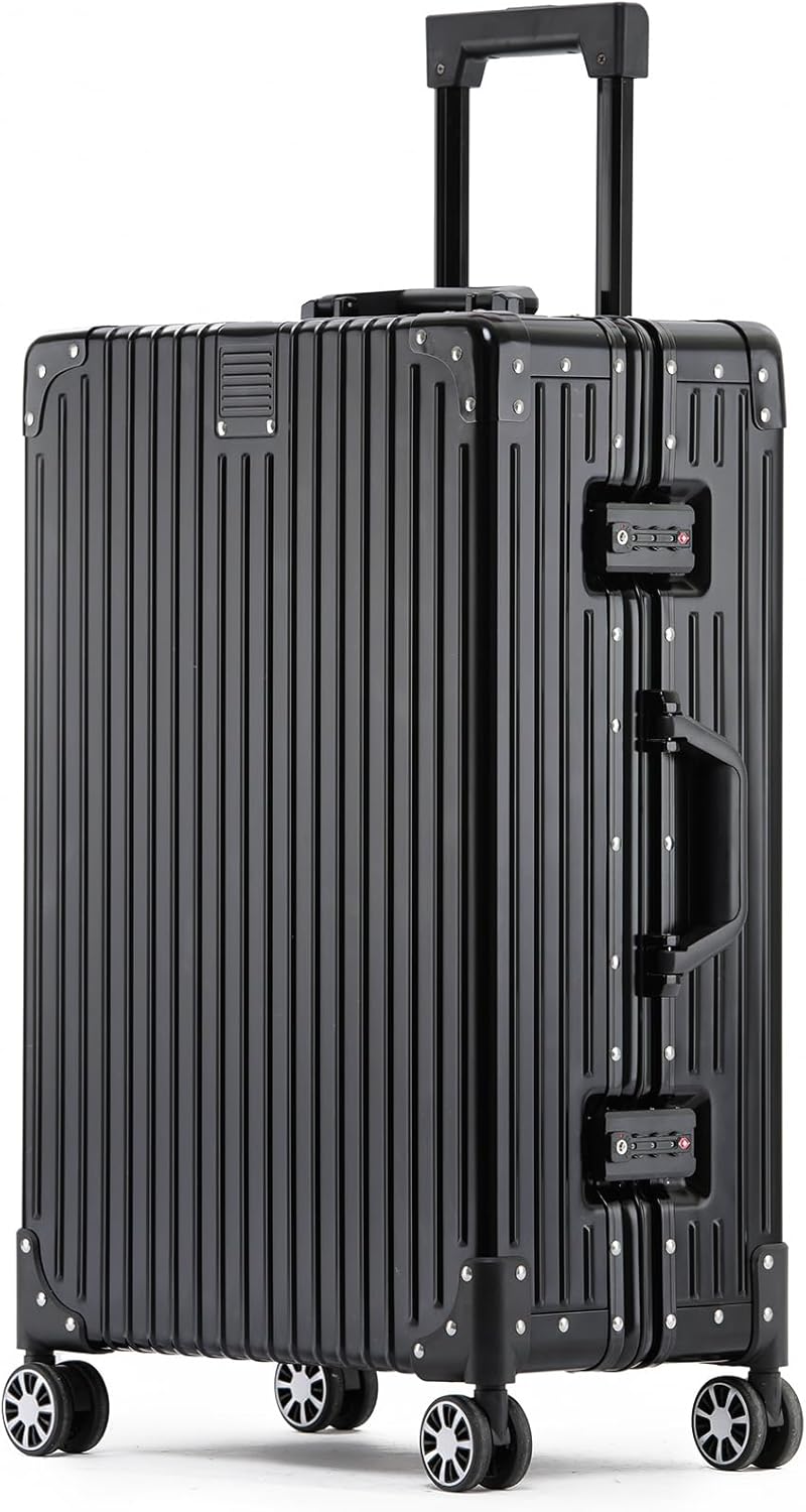Metal All Aluminum Carry-on Luggage TSA Customs Lock Zipperless Silent Rotary Wheel Business Suitcase Aluminum Frame Set (black, 24 '')