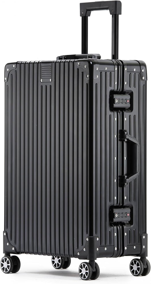 Metal All Aluminum Carry-on Luggage TSA Customs Lock Zipperless Silent Rotary Wheel Business Suitcase Aluminum Frame Set (black, 28 '')