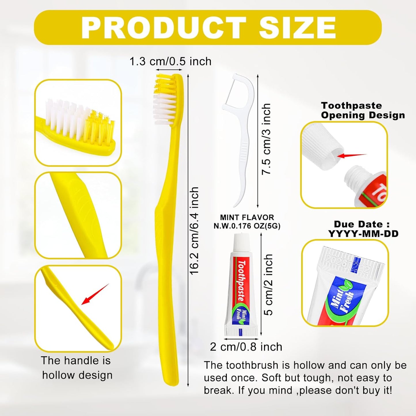 30pcs Disposable Toothbrushes with Toothpaste and Floss,Yellow Bulk Single Use Toothbrush Floss Pick Individually Wrapped Disposable Travel Toothbrushes Kit for Homeless,Airbnb,Hotel,Guest
