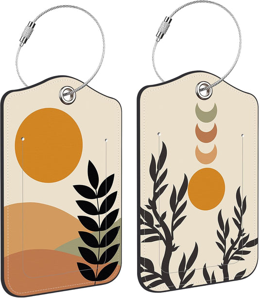 2 PCS Leather Luggage Tags for Suitcase Abstract Botanical Painting Travel Luggage Tag with Privacy Flap Name ID Label and Metal Loop for Travel Bag Suitcase