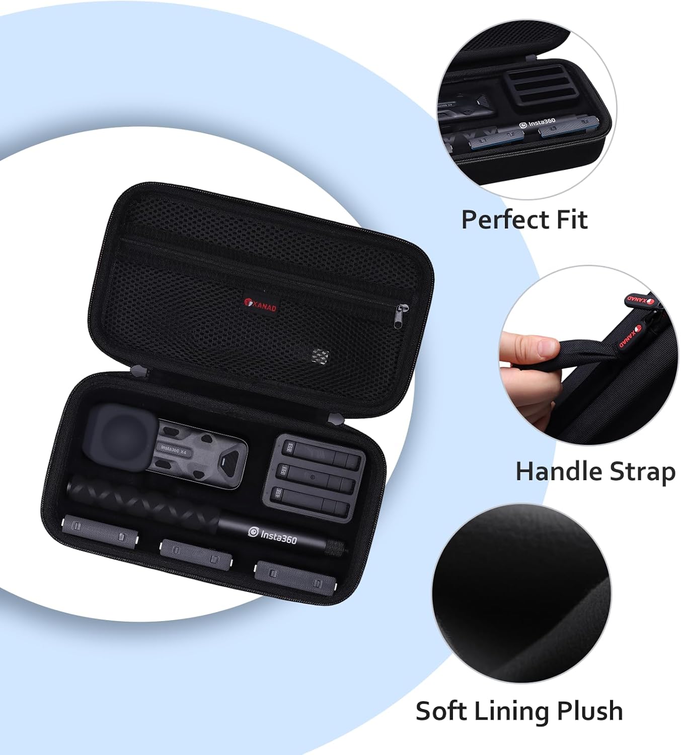 XANAD Hard Case for Insta360 X5/X4/X3/X2 Waterproof 8K 360 Action Camera,114CM Selfie Stick- Storage Carrying Bag(Black)