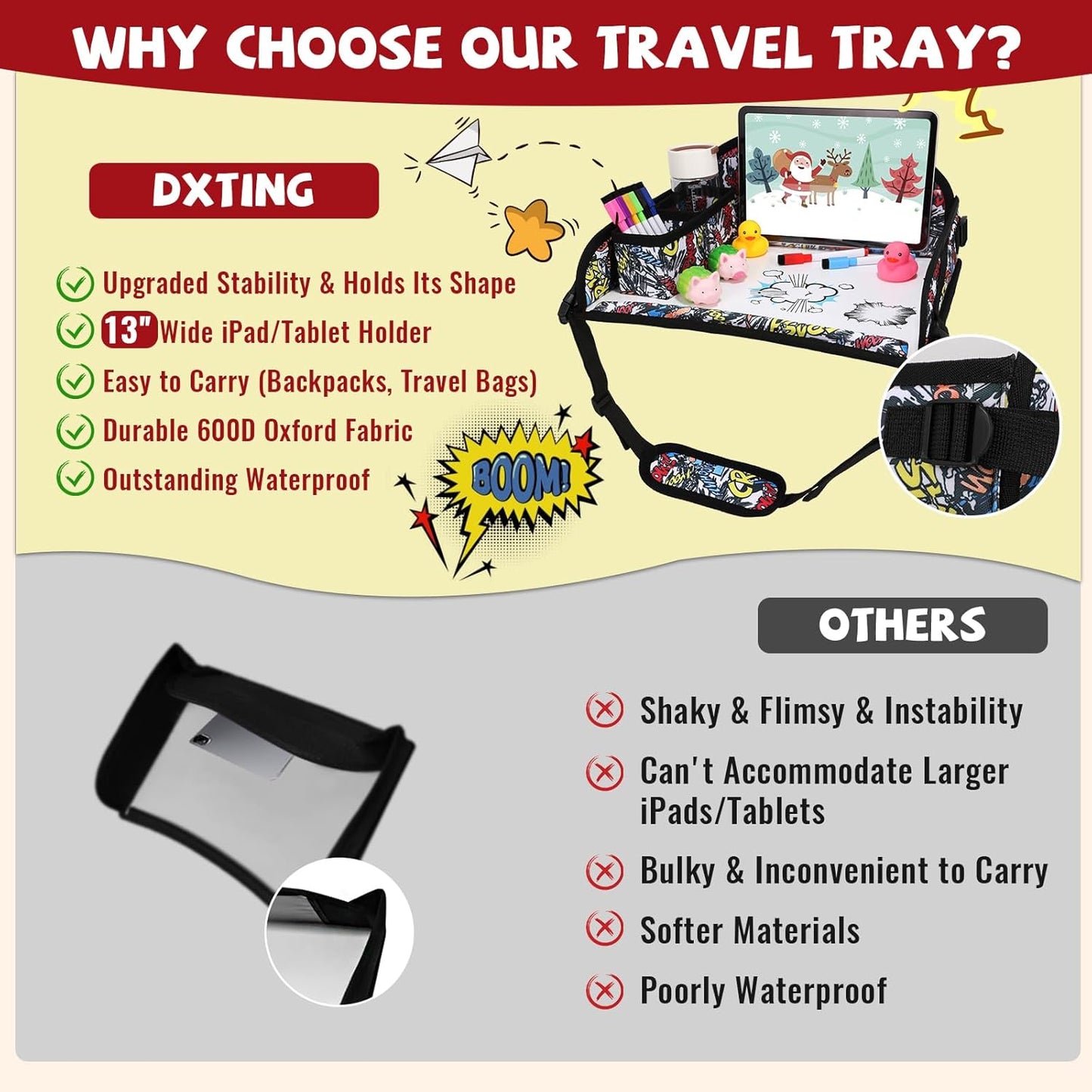 Kids Travel Tray for Airplane - Toddler Car Seat Table Tray, Road Trip Essentials for Boys & Girls, Carseat Lap Desk for Kids Road Trip Activities, Graffiti