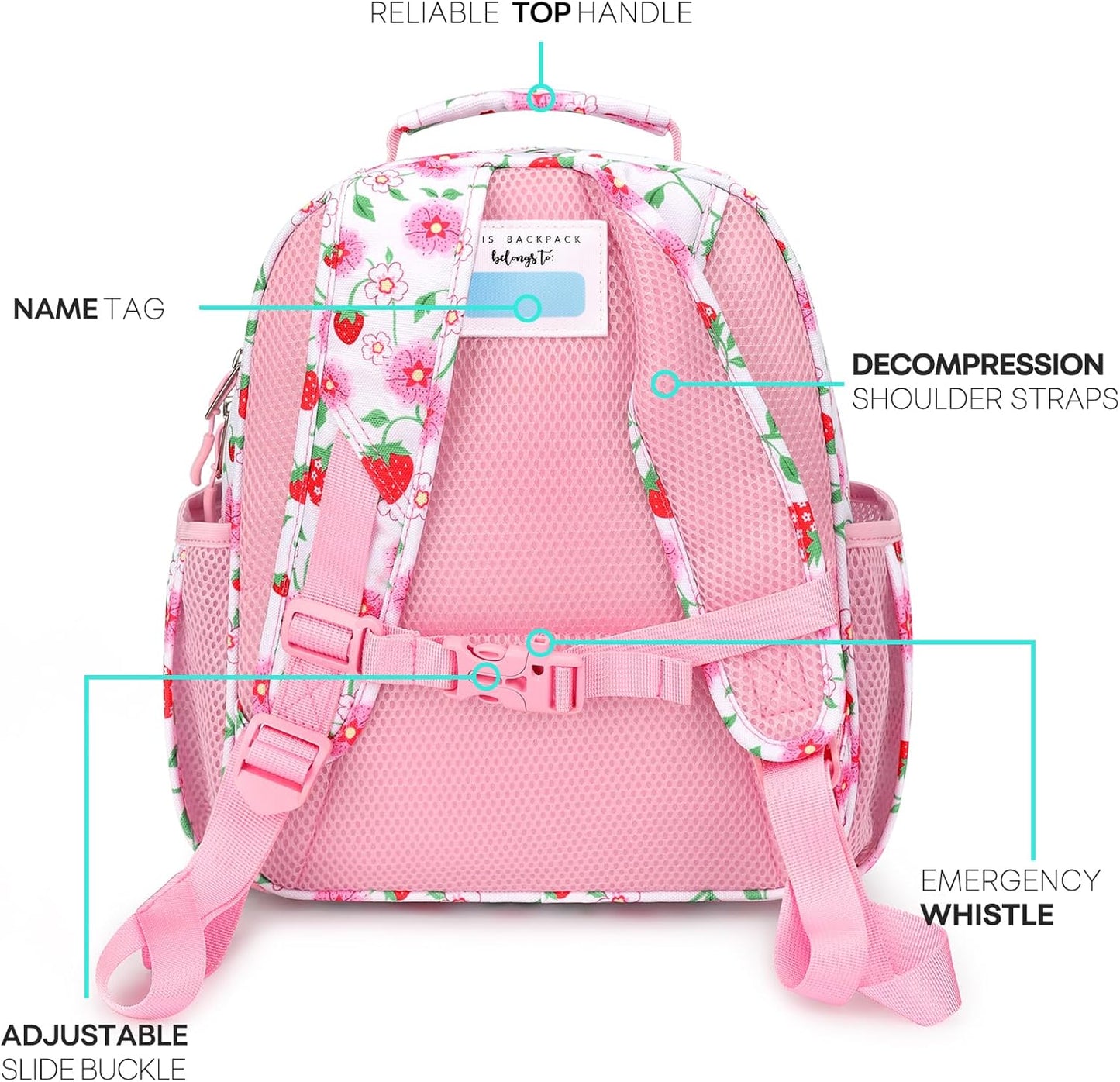 mibasies Toddler Backpack for Girls 2-4: Cute Kids Backpacks for Girls - Preschool Kindergarten Backpack - Strawberry Floral Pink