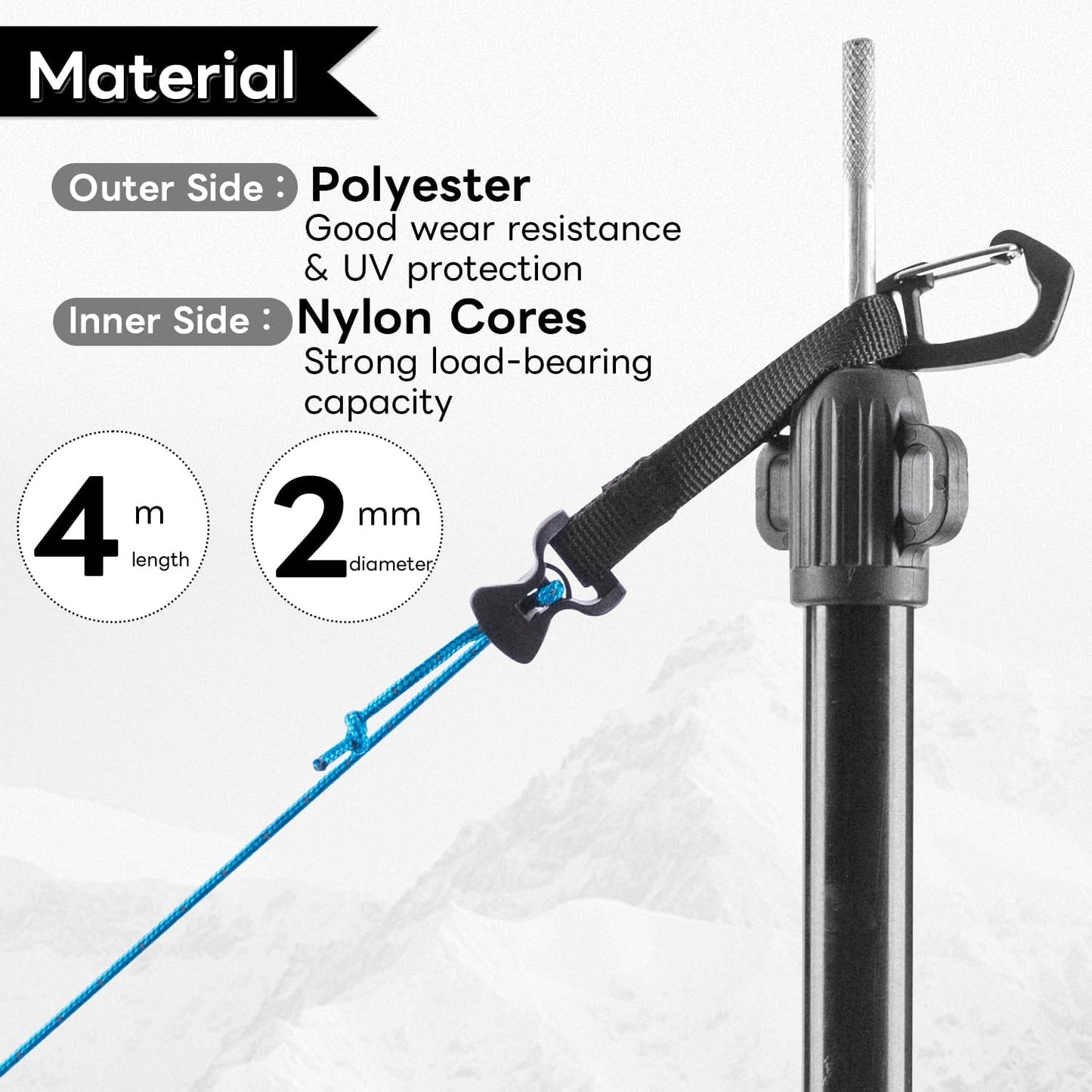 4 Pack Guy Lines-Ultralight Tent Cords with Locking Carabiner Clip, 2mm 100% Nylon Guylines Ropes for Outdoor Camping Tent Tarp,Climbing,Hiking Backpacking (Blue, 4M)