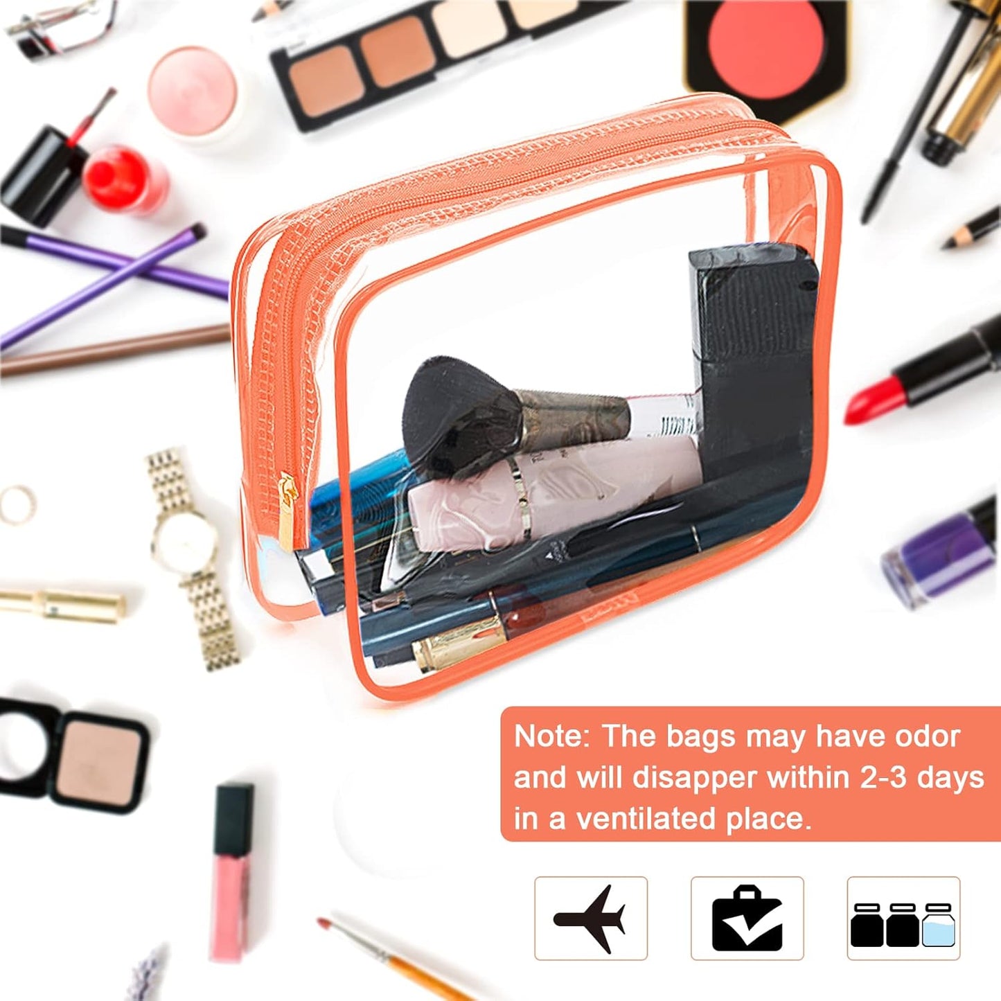 APREUTY Clear Makeup Bags, TSA Approved 6 Pcs Cosmetic Makeup Bags Set Clear PVC with Zipper Handle Portable Travel Luggage Pouch Airport Airline Vacation Organization (Orange)