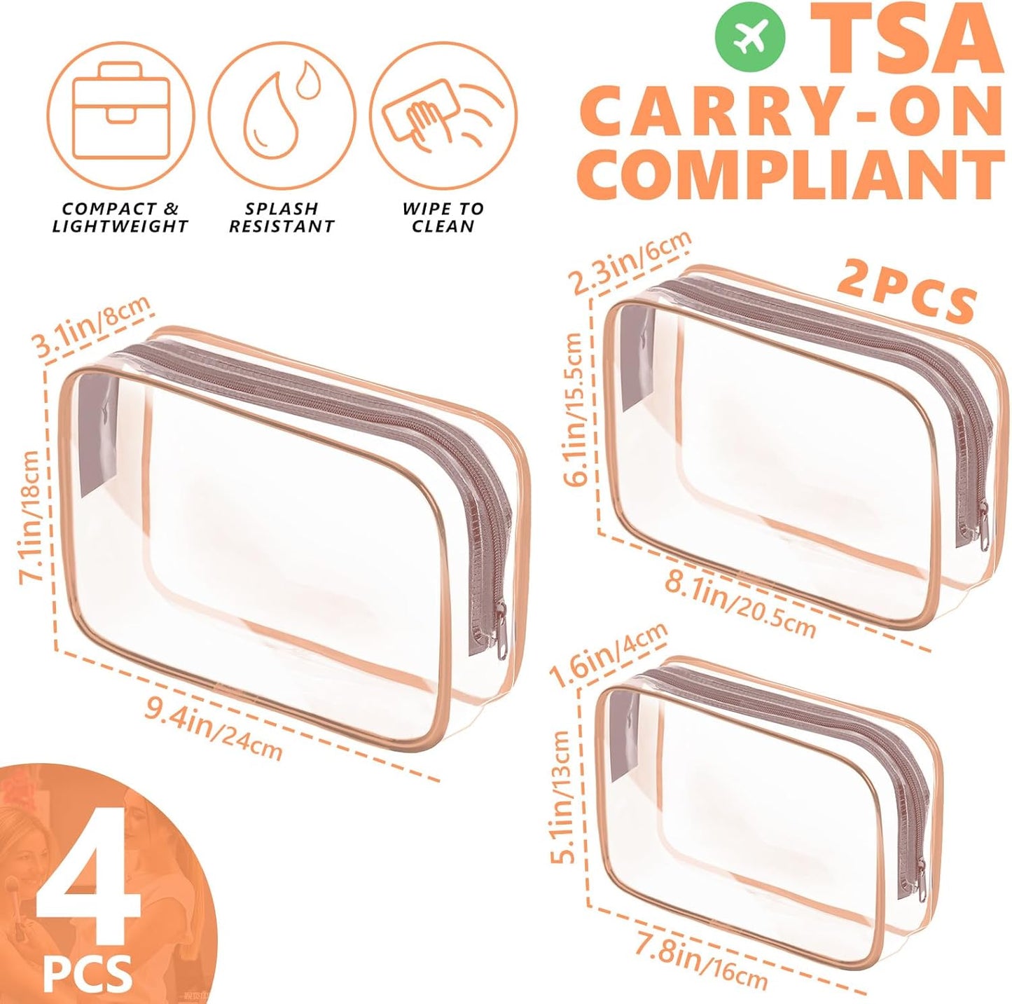 AURUZA 4 Pack Clear Toiletry Bag,Portable Travel Makeup Bags with Zipper, TSA Approved Clear Organizer Bags, PVC Cosmetic Pouch for Airport Airline Compliant (4 Packs Rose Pink)