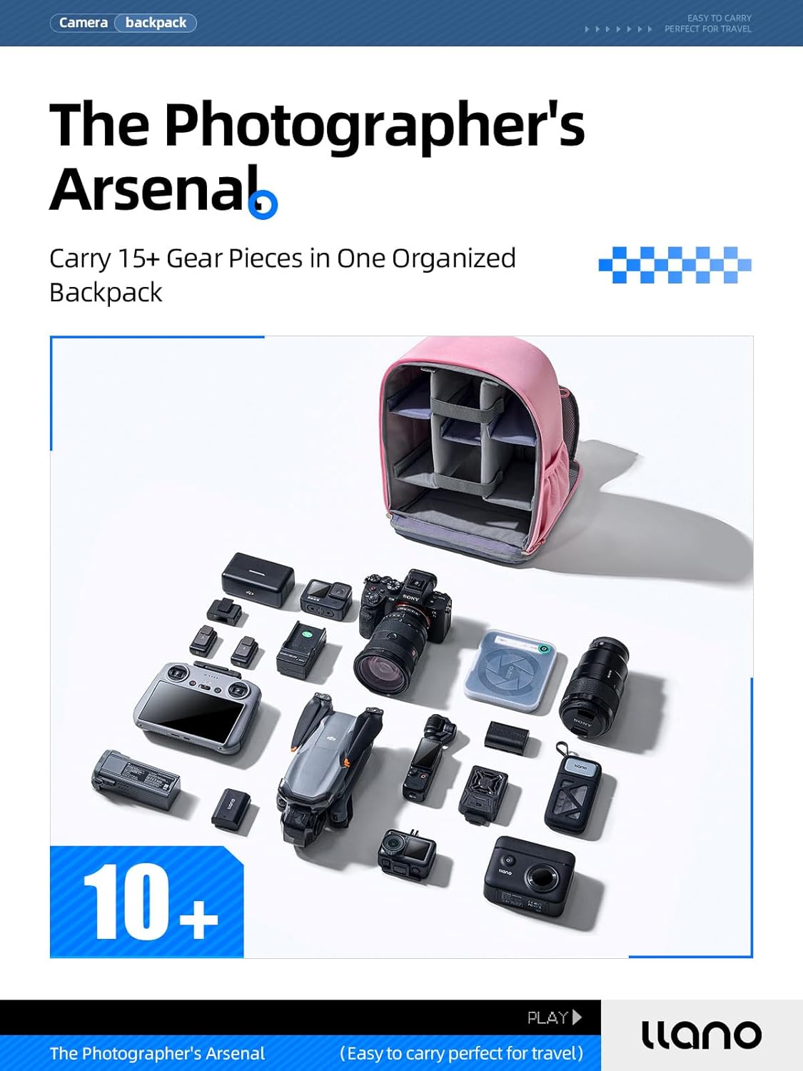 llano Compact Camera Backpack for DSLR/SLR/Mirrorless,Photography Bag with Laptop Slot (for 14" MacBook) & Tripod Holder, Ideal for Travel & Outdoor (for Canon, Nikon, Sony), Small, Pink,10L Capacity