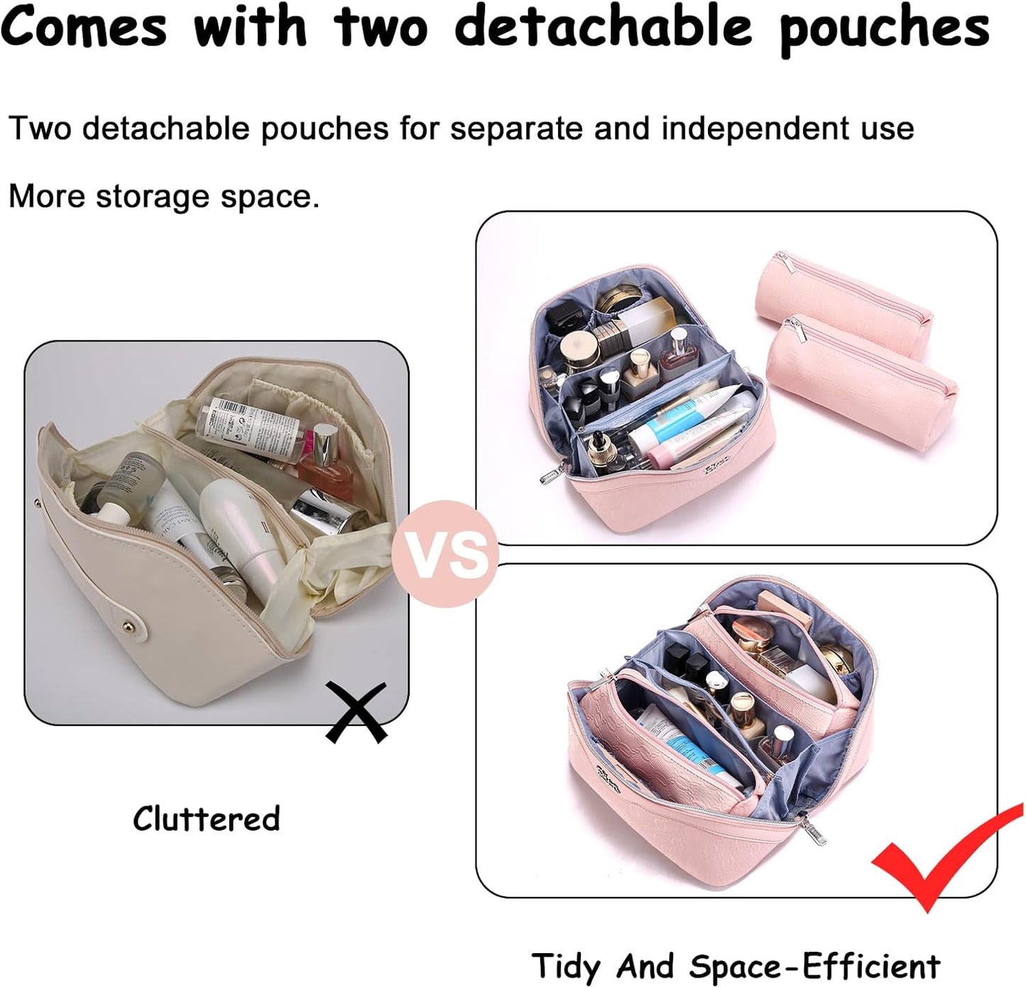 BOYATU Travel Makeup Bag for Women: Cosmetic Organizer Bag with Compartments - Leather Make up Bags Set of 3 (Pink)