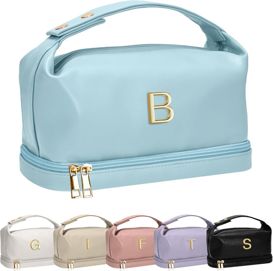 Personalized Teachers Gifts for Women, Makeup Bags with Handle, Initial Double Layer Cosmetic Bag with Makeup Brush Organizer,Teacher Appreciation Gifts, Gifts for Friends Female Mom