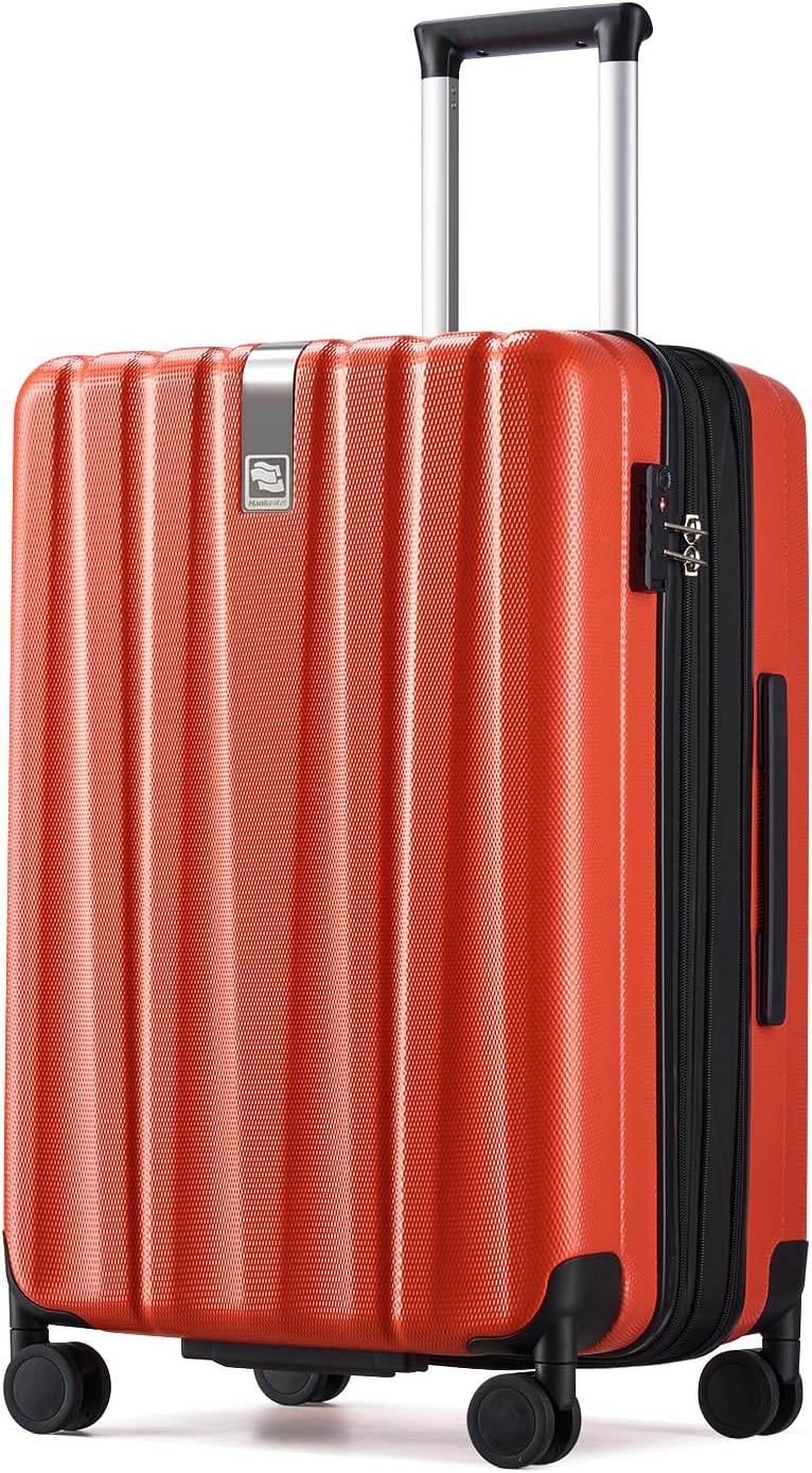 Hanke 24 Inch Expandable Checked Luggage Lightweight PC Hard Case Luggage Suitcases with Wheels TSA Luggage Rolling Large Suitcase Travel Luggage Bag for Go to University(Orange)