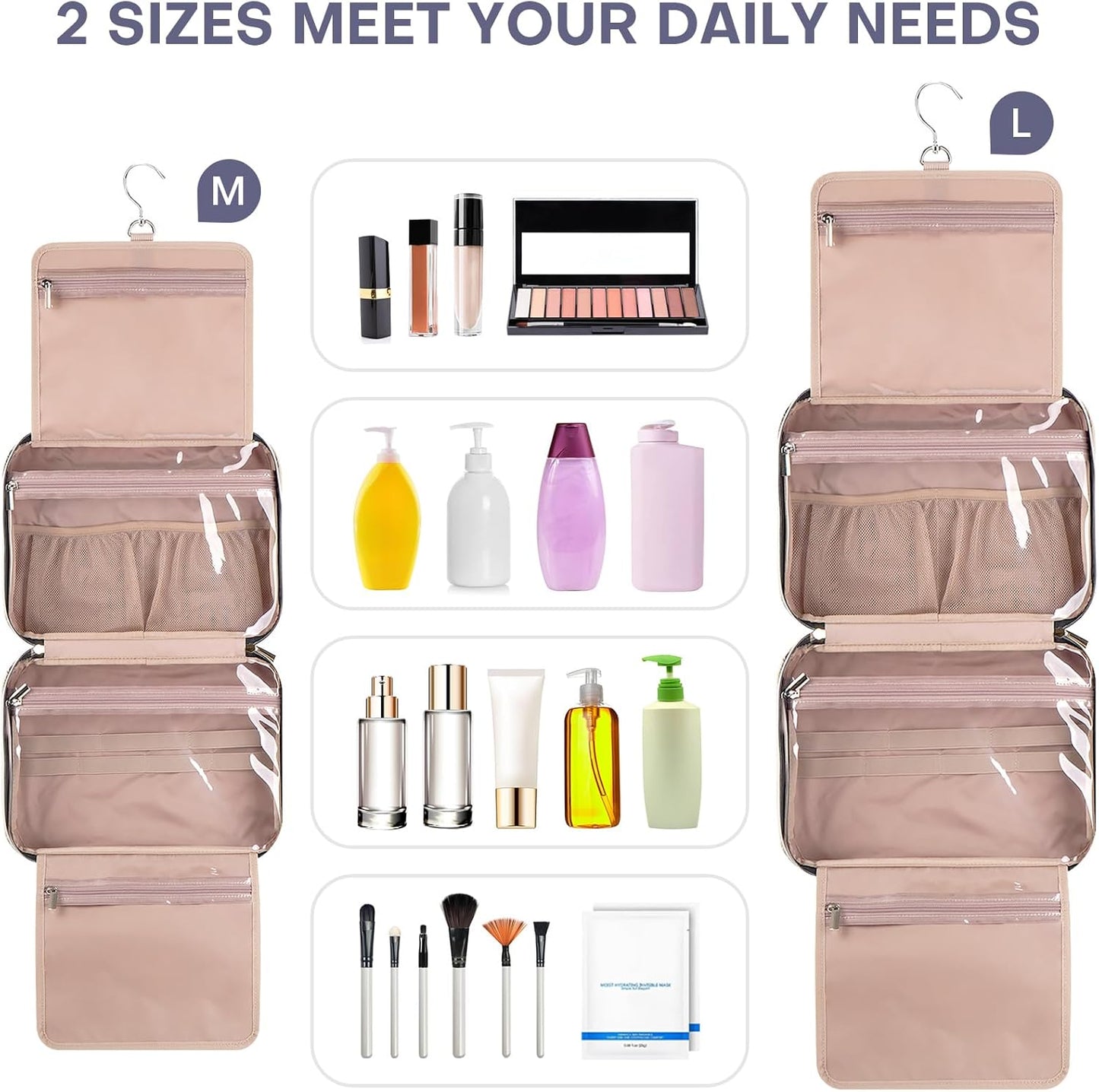 Hanging Toiletry Bag for Women Travel, 2 Sizes Large & Small Waterproof Cosmetic Organizer with 4 Compartments, Rotating Hook, Foldable Pink Travel Bag for Toiletries & Makeup - Medium Grey