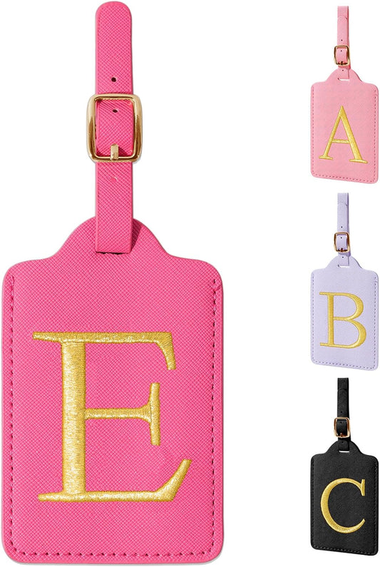 Personalized Rose Red Leather Initial Luggage Tags - Cute Monogram Embroidered Privacy Cover Name Card, Travel Backpack Gift for Women & Kids