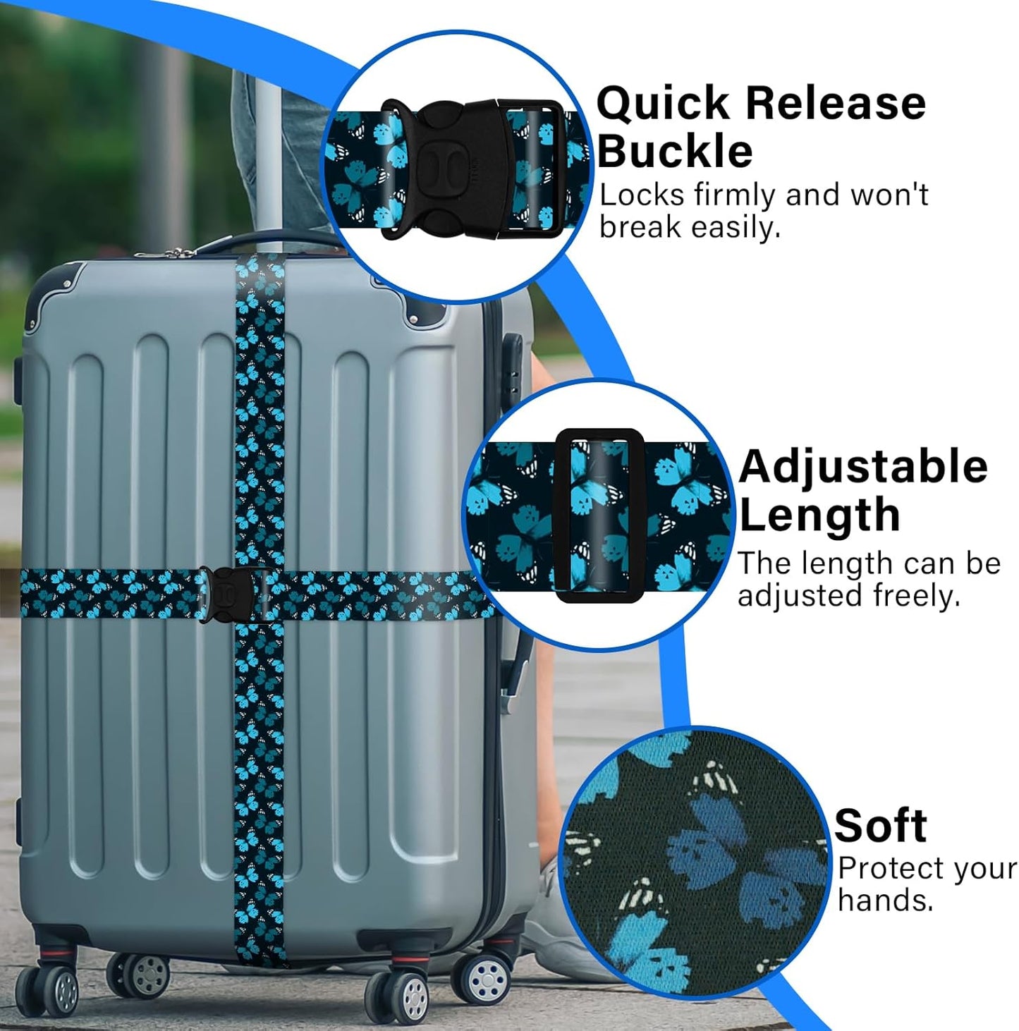 2 Pack Luggage Straps for Suitcases, Adjustable Travel Belt with Double Lock and Quick Release Buckle, Heavy Duty Nylon Bag Packing Strap, Unique Identifiers Travel Accessories-Blue Butterfly