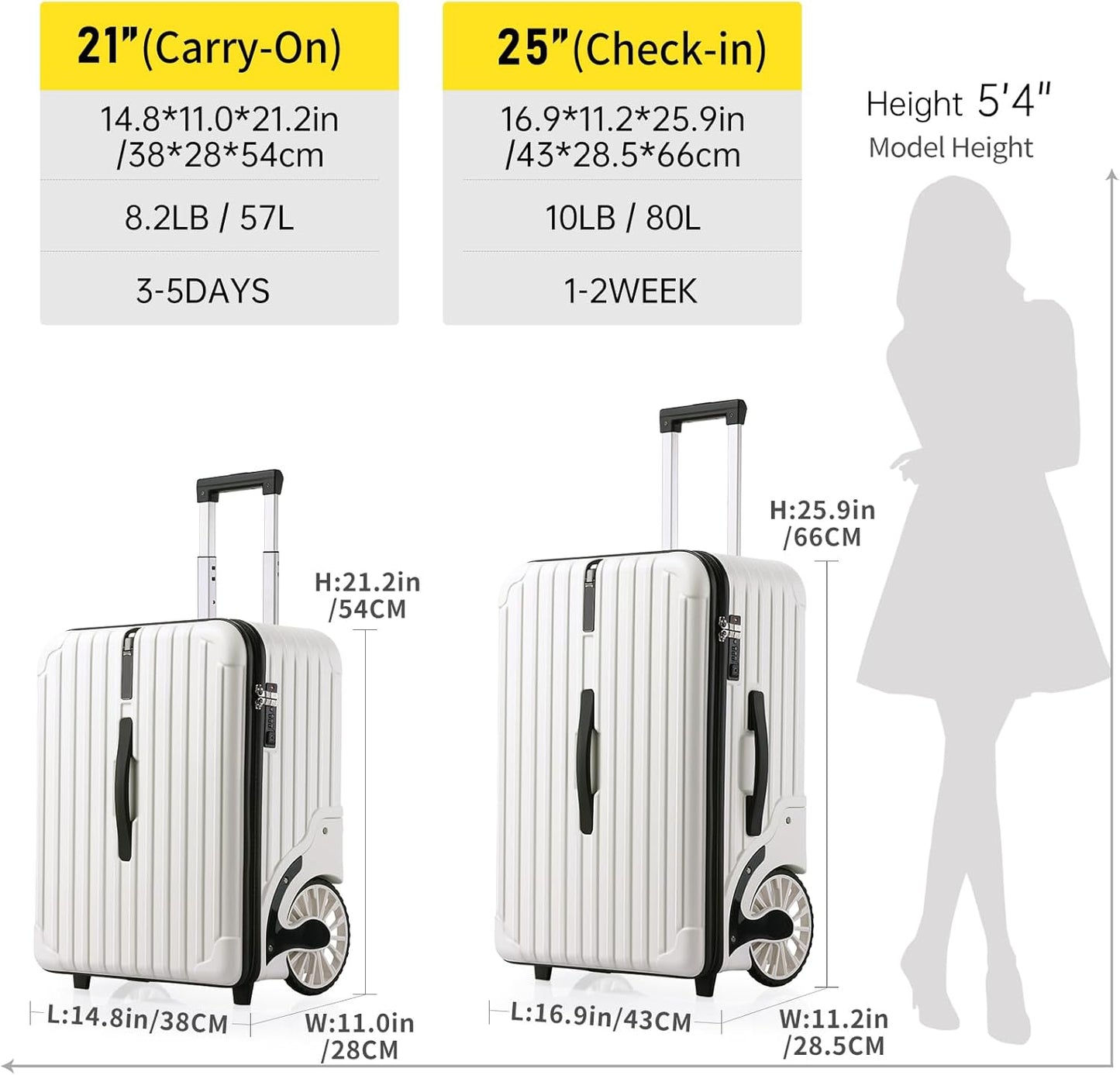 Extra Large Wheels Carry On Luggage Hard Shell Suitcase Top Opening Hardside Frame Travel Luggage with TSA Lock (White, 21-Inch)
