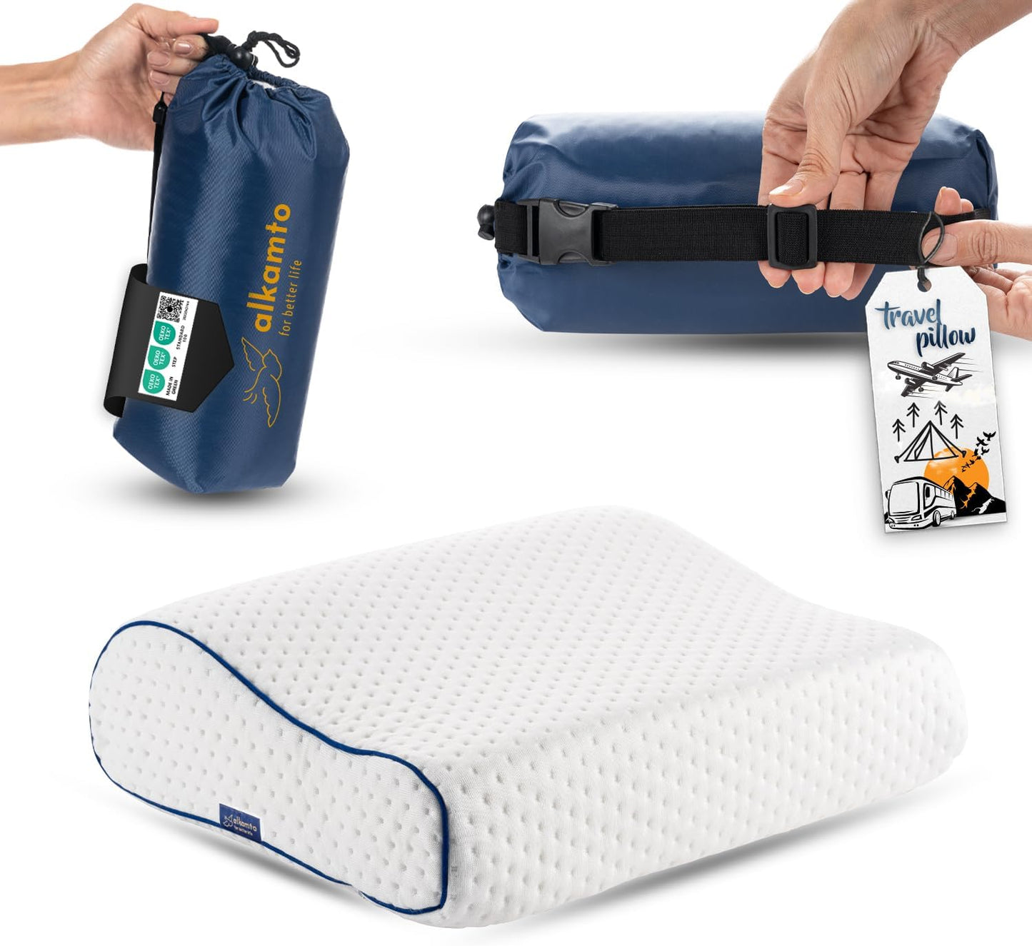 Travel & Camping Comfortable Memory Foam Pillow – Easy to Carry Portable Bag – Temperature Regulating Pillow Case (White Contour)