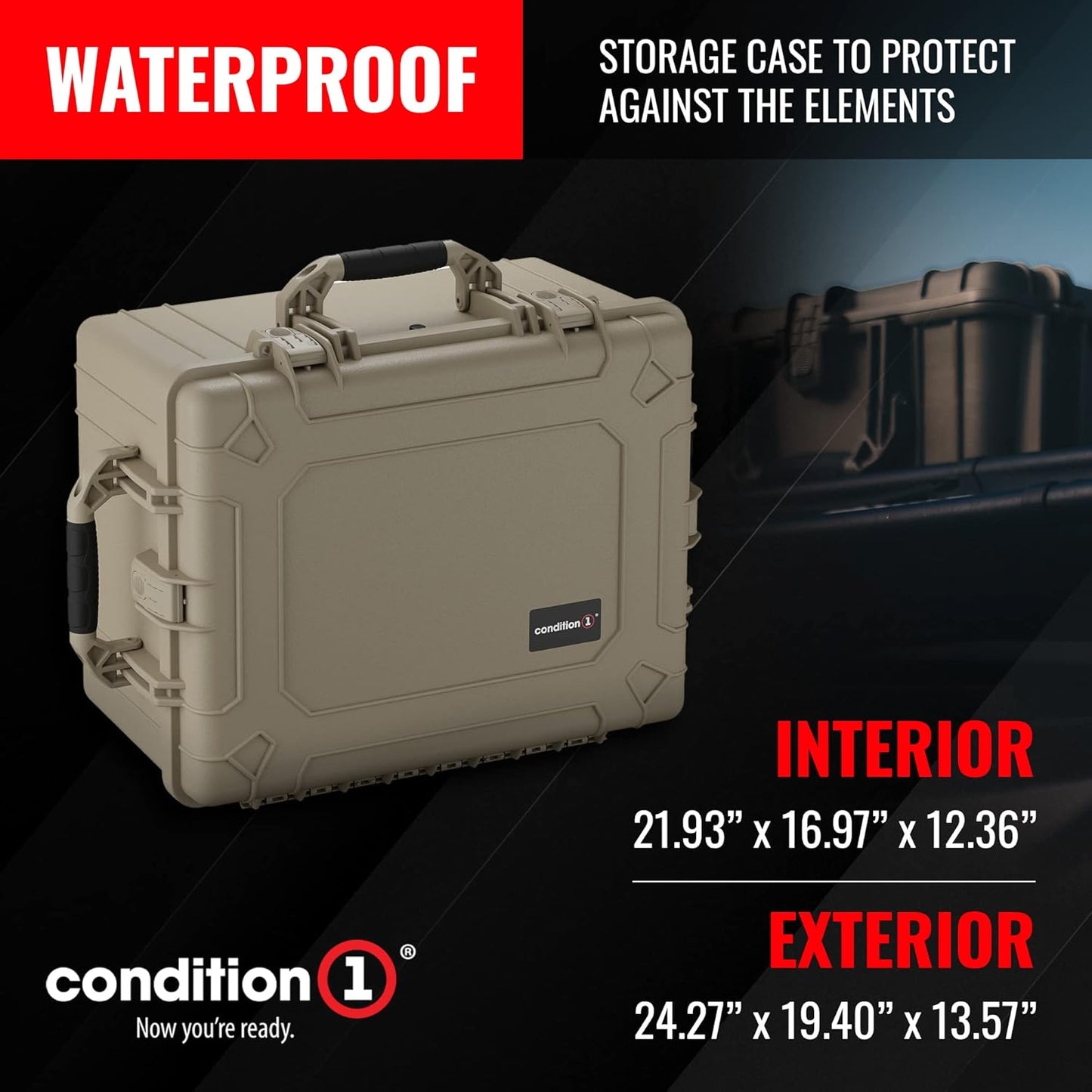 Condition 1 25" Large Heavy-Duty Protective Waterproof Hard, Case Model 024, Portable Storage Box with Customizable Foam, Camera, Tool, Hunting, Made in USA, 24.27"x19.40"x13.57" Tan