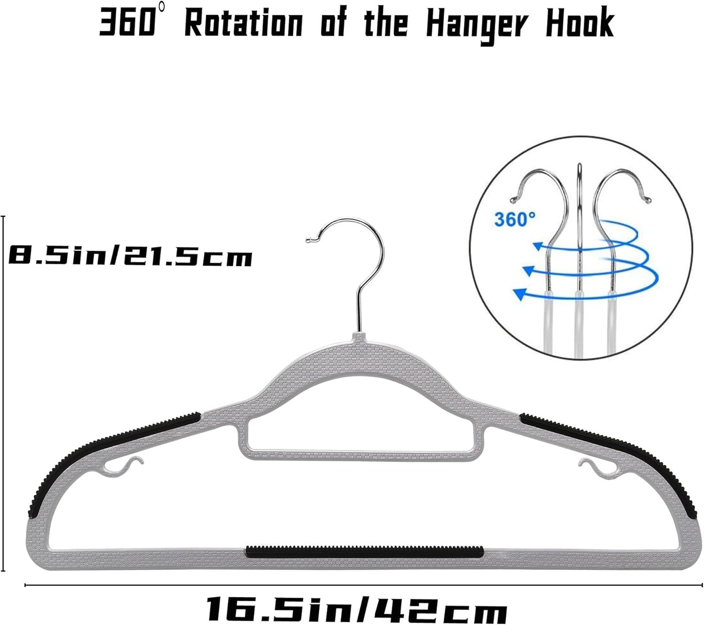 50 Pack Plastic Clothes Hangers Non Slip - 16.5 Inch Slim Space Saving Hangers for Closet, Heavy Duty Non-Slip Garment Hangers with 360° Swivel Hooks