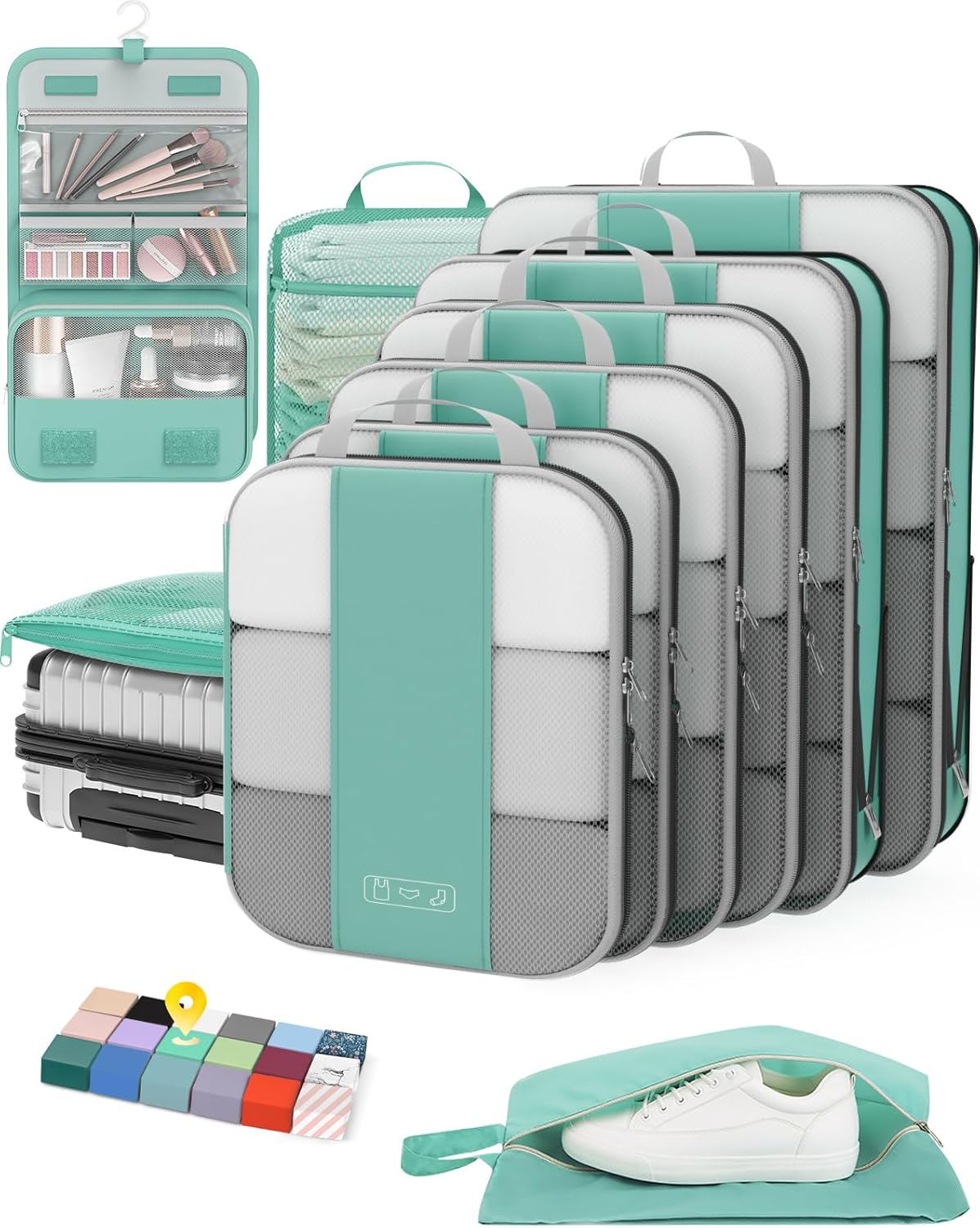 10 Set Compression Packing Cubes for Travel Essentials,Compressible Expandable Packing Cubes for Suitcase,OlarHike Luggage Organizer Bags for Travel,Handy Helper for Organizing Clothes(New Blue Green)