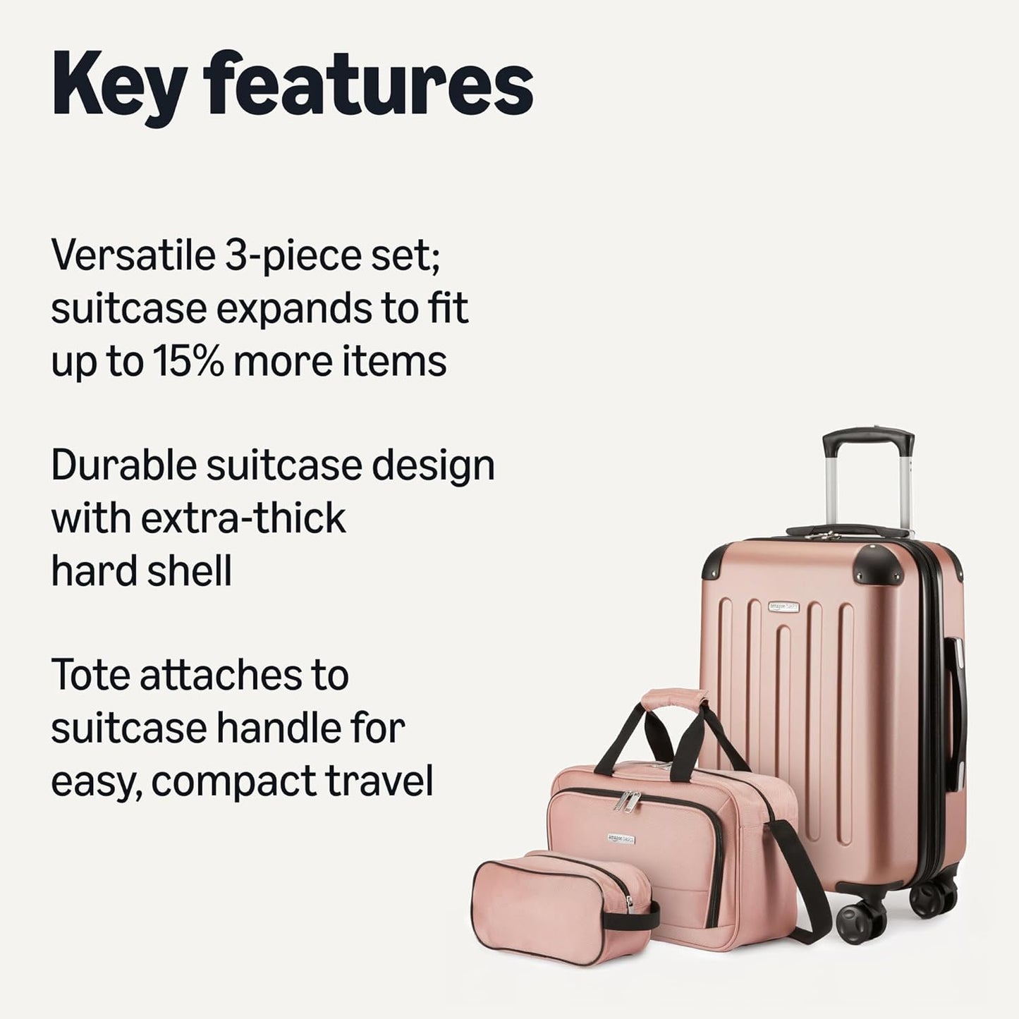 Amazon Basics 3-Piece Luggage Set, Including One Carry-On Luggage (22" Expandable Hardside Suitcase With 8 Spinner Wheels), One 15-inch Tote Bag, and One 10-inch Compact Travel Bag, Rose Gold