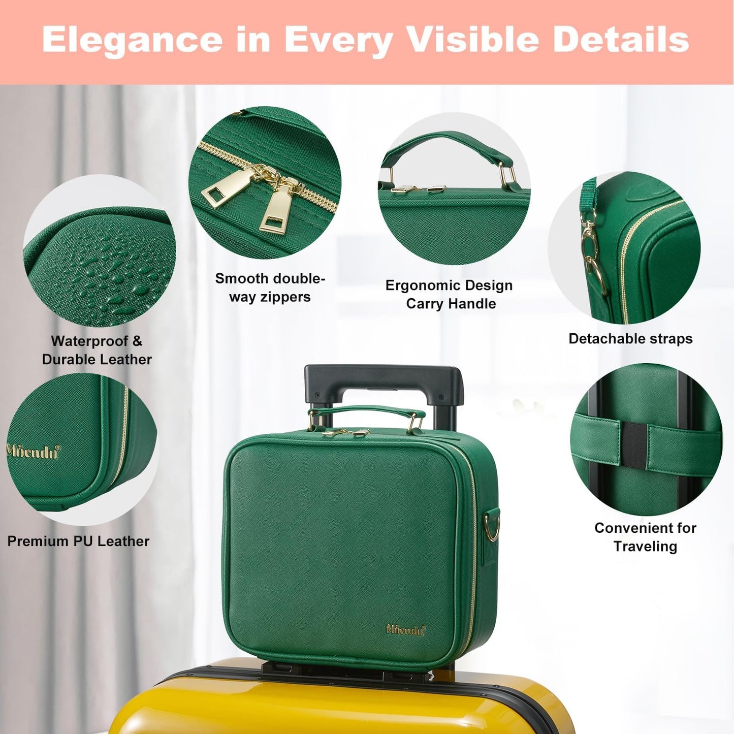 Mocado Travel Makeup Bag with LED Lighted Mirror,Travel Makeup Organizer,Makeup Case with 3 Color Lighted Setting and 10x Magnifying Mirror,Portable Storage and Adjustable Dividers Makeup Box(Green)