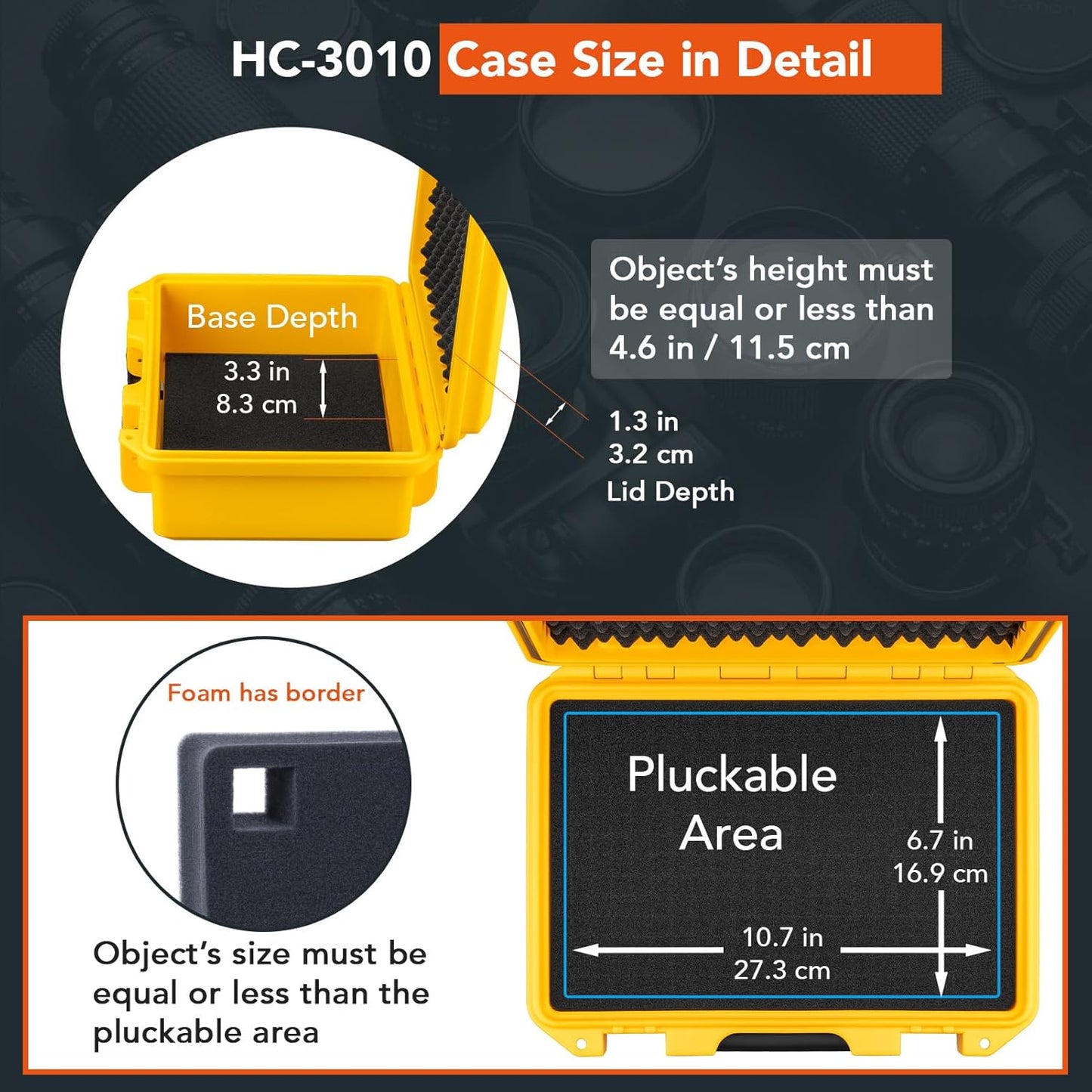 Lykus HC-3010 Waterproof Hard Case with Customizable Foam Insert, Interior Size 11.81x7.87x4.72 in, Suitable for Pistol, Camera, Lens, Drone, Mic, Flashlight, Electronics, Tools, and More