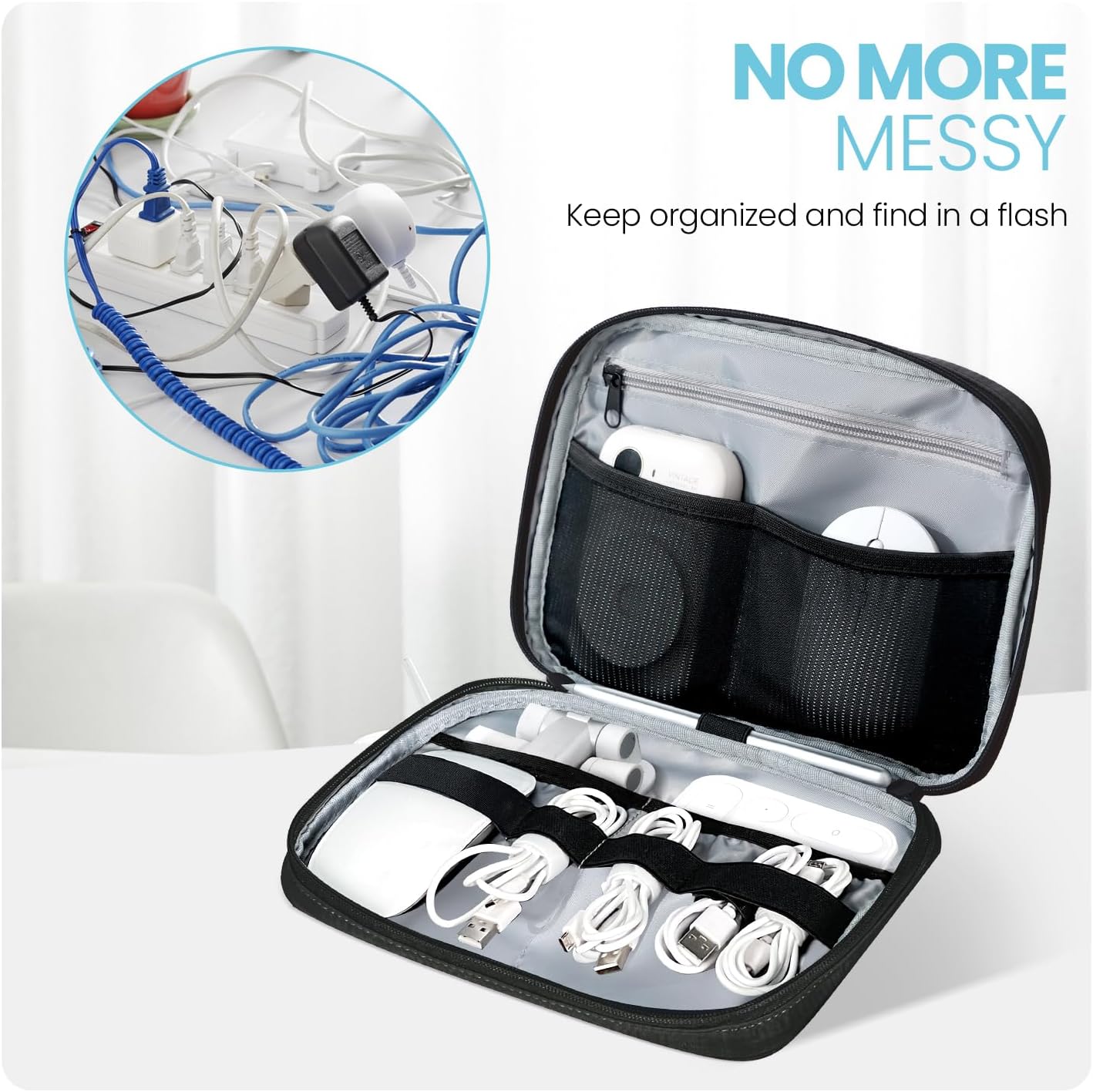 Electronics Organizer Bag, Portable Cable Organizer Case Travel Electronic Accessories Storage Case - Travel storage bag for Cables, Chargers, Phone, SD Cards - Black
