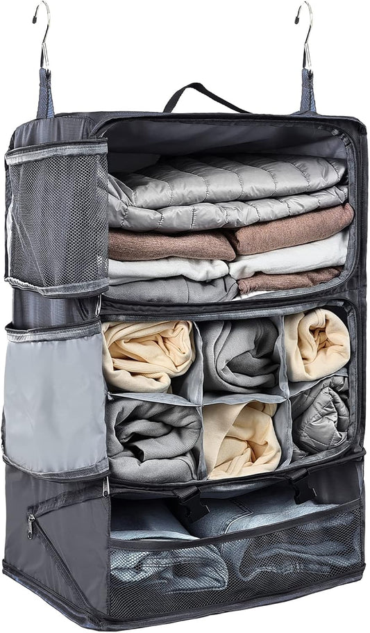 TABITORA Travel Portable Hanging Shelves Closet Organizer Packing Luggage Storage with Multifunctional and Foldable Invisible Compartment,Lightweight, for Suitcase, RV,Closet…Grey,XXL
