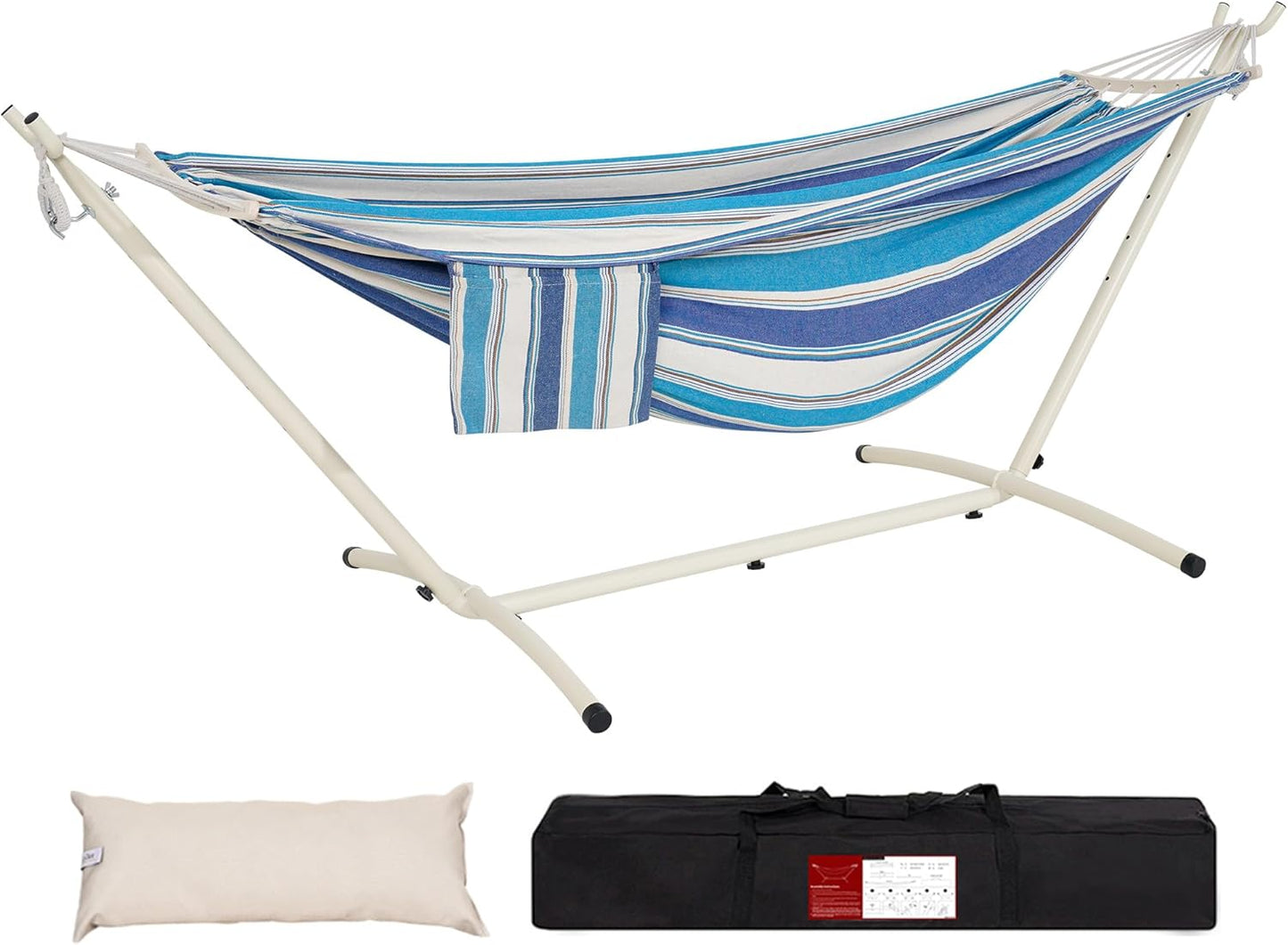 LazyDaze Hammocks Double Hammock with Stand - 2 Person Heavy Duty Outdoor Hammock for Adults, Includes Durable Steel Stand, Portable Carrying Bag and Pillow, Blue Stripes