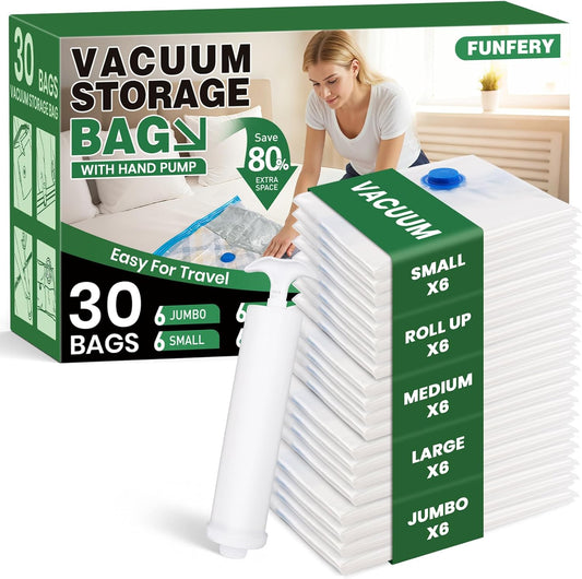 Vacuum Storage Bags,30Pack Vacuum Seal Bags for Clothing,Travel,Clothes,Comforters,Blankets,Pillows-6 Jumbo+6 Large+6 Medium+6 Small+6 Roll Up Space Saving Bag Hand Pump Included