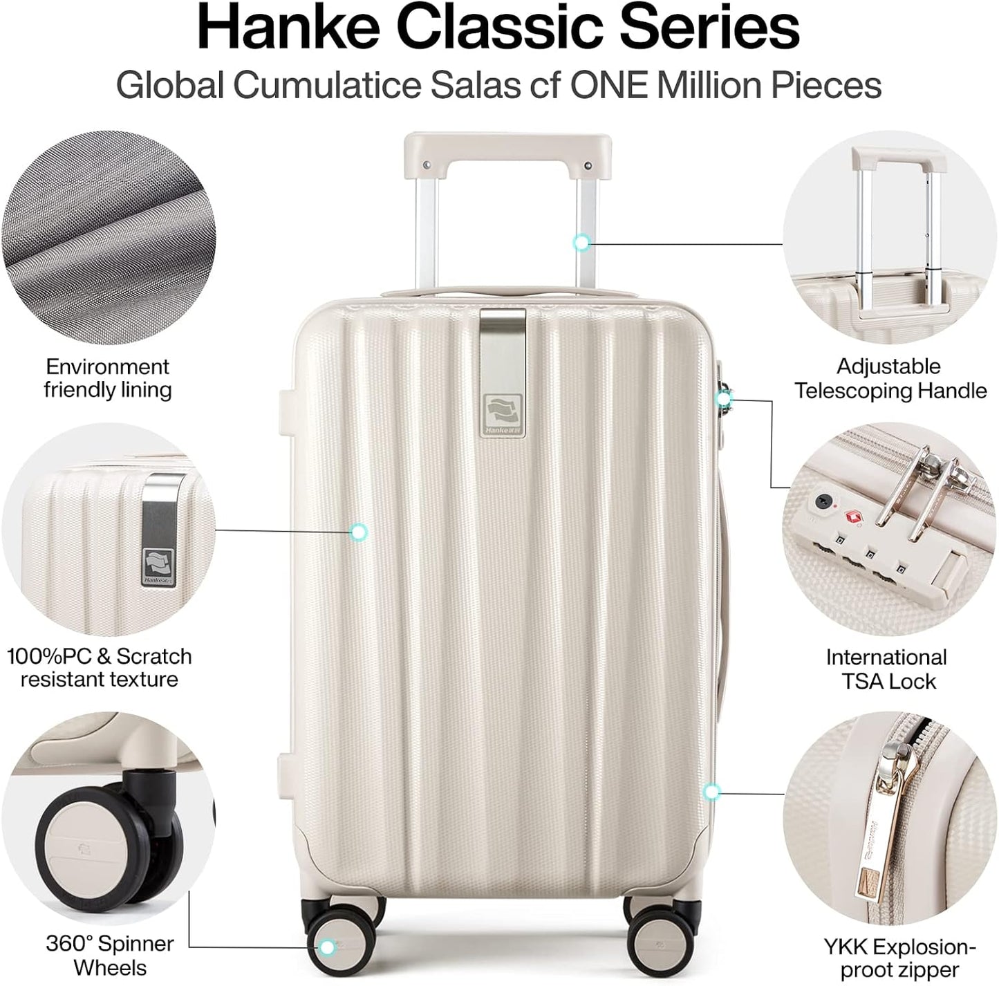 Hanke Luggage Sets 2 piece Carry On Luggage with Wheels PC Hard Shell Suitcases Lightweight Checked Travel Luggage Large Travel Suitcase Woman Men 20/29 Inch(Ivory White)