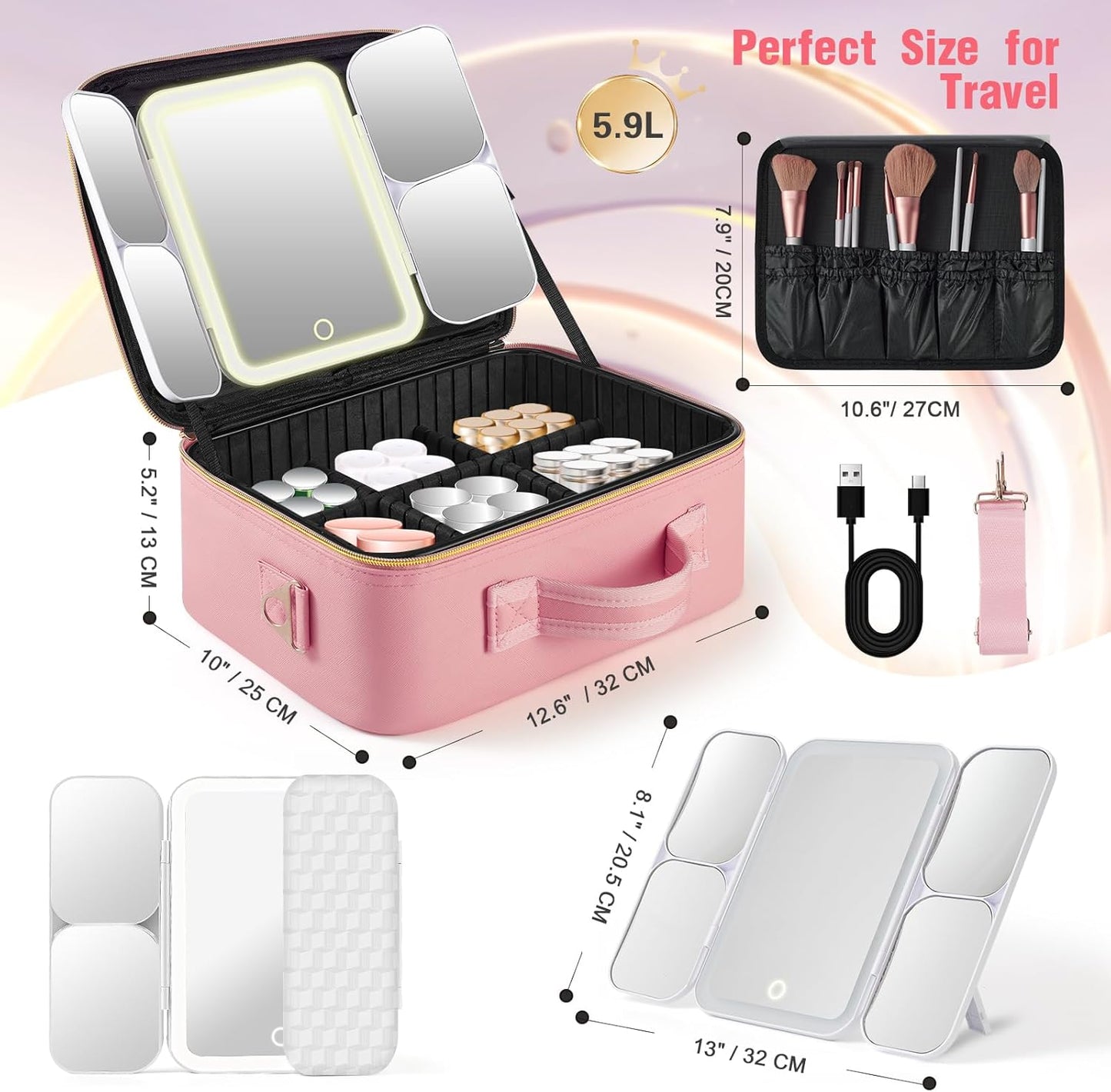 Mid-Size Makeup Bag with LED 1X5X10X20X30X Magnifying Mirror and Travel Makeup Train Case Cosmetic Organiser with Mirror and Separate Makeup Brush Panel, Portable Adjustable Divider, Pink