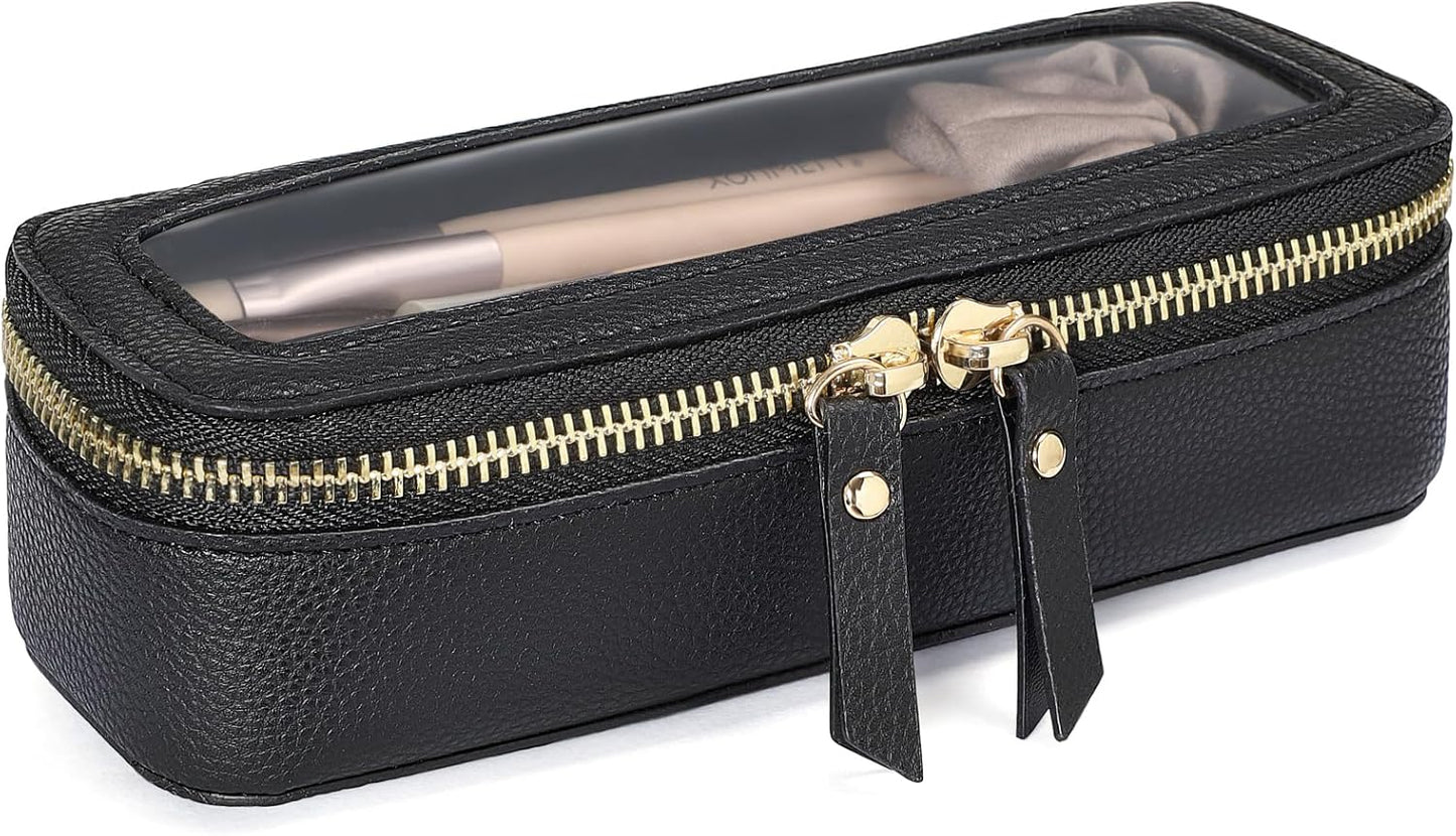 PACKISM Slim Clear Makeup Brush Bag, Pebbled Texture & Hard PU Leather Small Cosmetic Brush Holder, Mini Toiletry Bag Make up Bags with Message Card, Cute Travel Essentials Bag (Black)