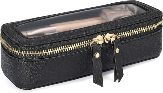 PACKISM Slim Clear Makeup Brush Bag, Pebbled Texture & Hard PU Leather Small Cosmetic Brush Holder, Mini Toiletry Bag Make up Bags with Message Card, Cute Travel Essentials Bag (Black)