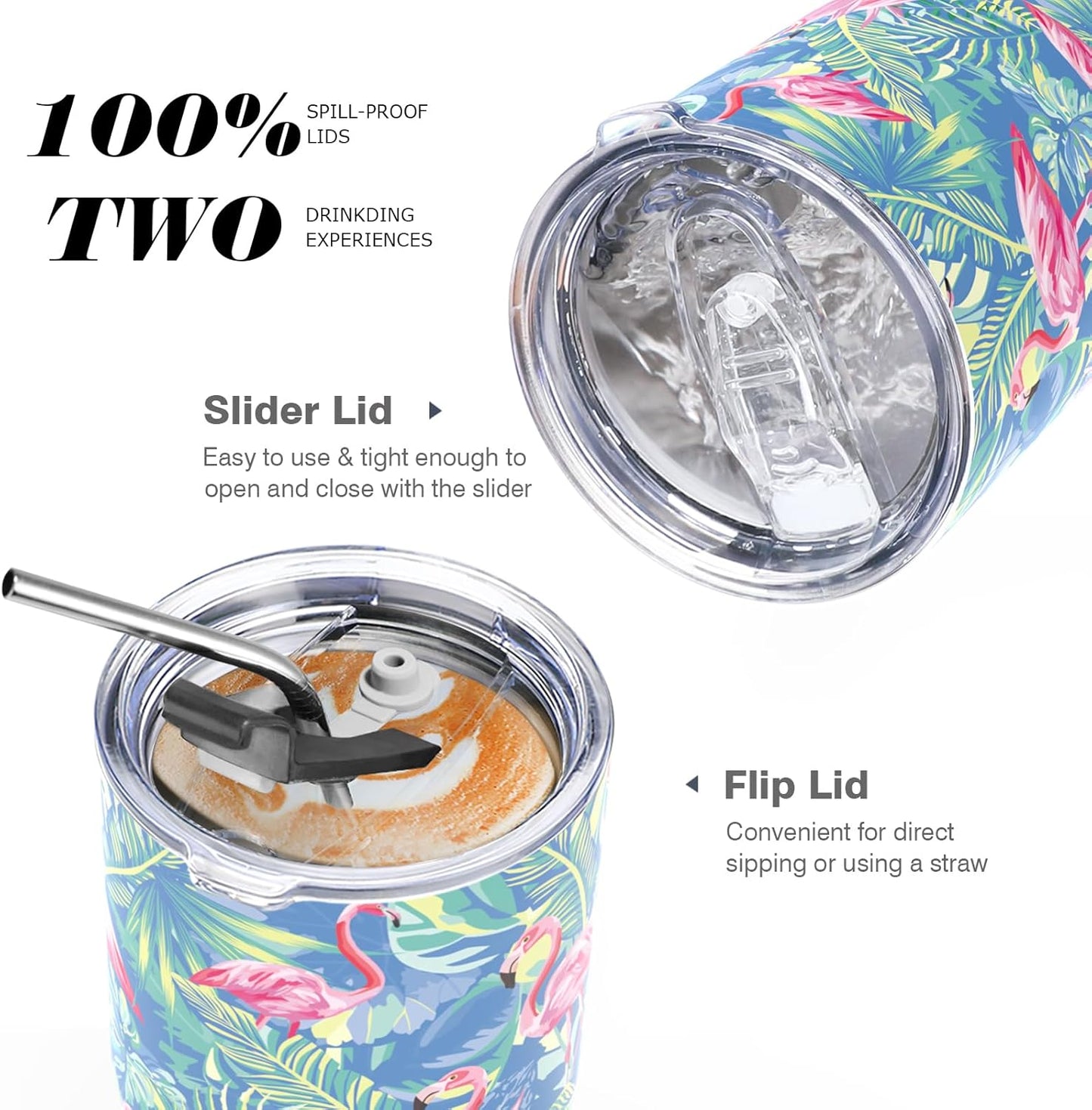 30 oz Spill Proof Tumbler with Handle, 100% Leak-Proof, Cupholder Friendly Insulated Cup with Straw, Double Wall Powder Coated Stainless Steel Tumbler, Ideal Gift for All Occasions (Flamingo)