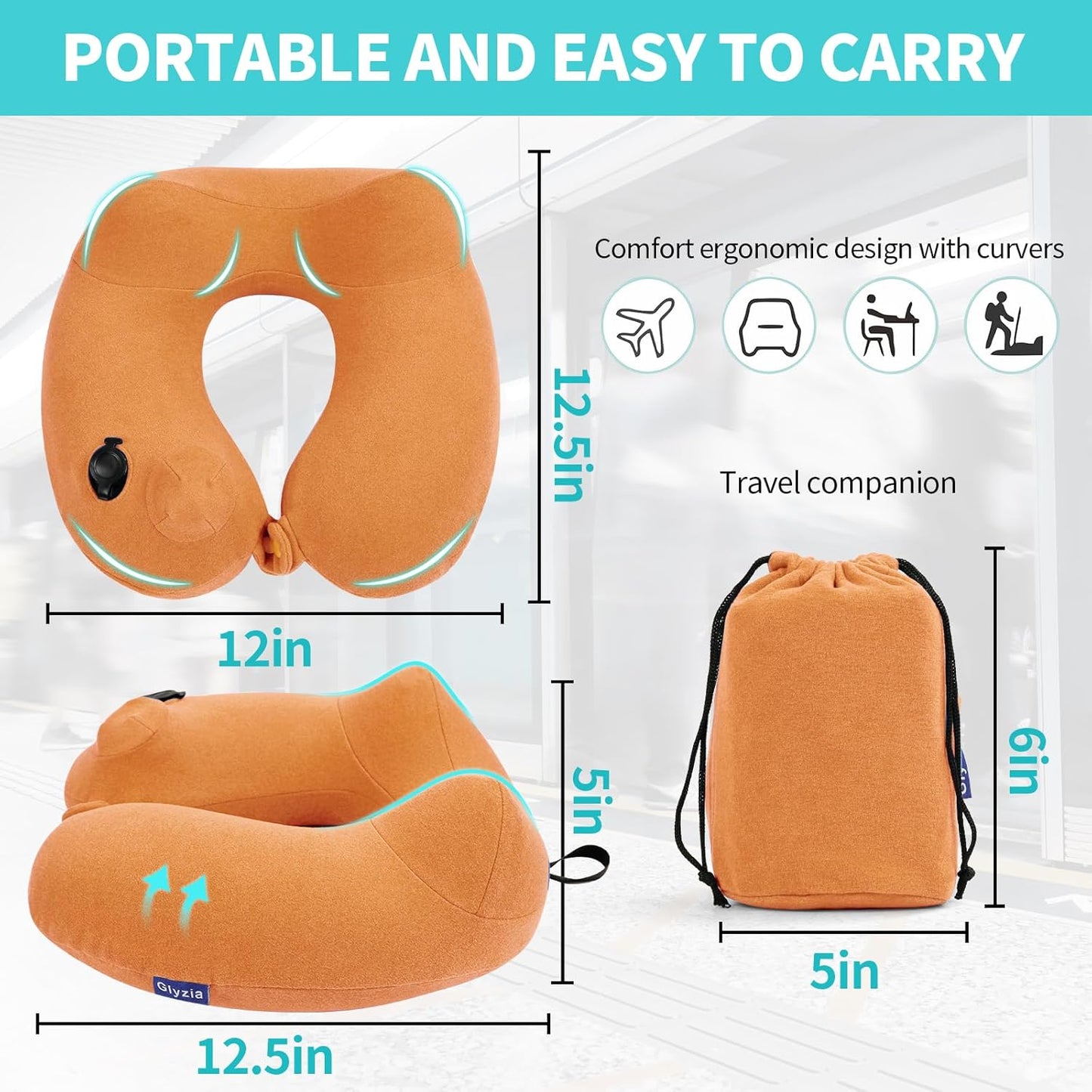 2 Pack Inflatable Travel Neck Pillows for Airplanes, Head Support Velvet Adult Neck Pillows for Long Flight, Kit with Eye Mask, Earplugs and Storage Bag, 2, Orange