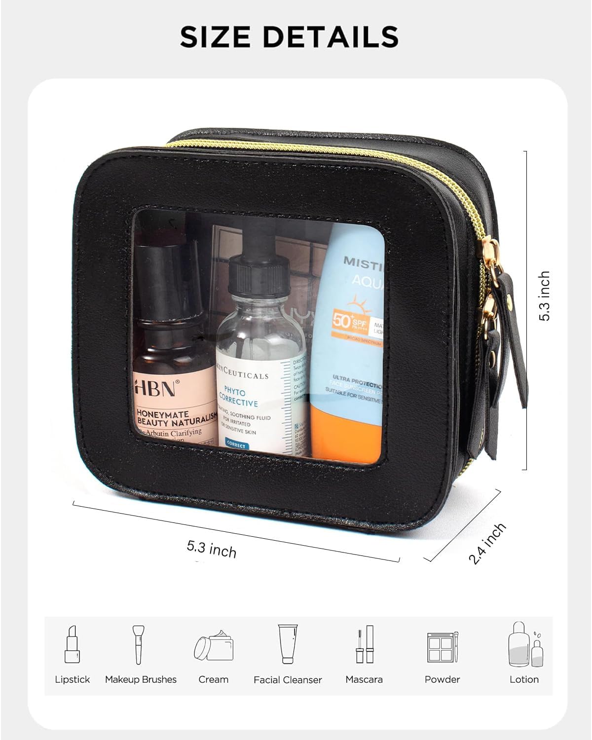 2 Pcs Clear Makup Bag Set, Clear Cosmetic Bags with Zipper Waterproof Small Travel Cosmetic Case Cute Make Up Pouch Mini Car Essentials for Women Travel Car Organizer (Mini Black)