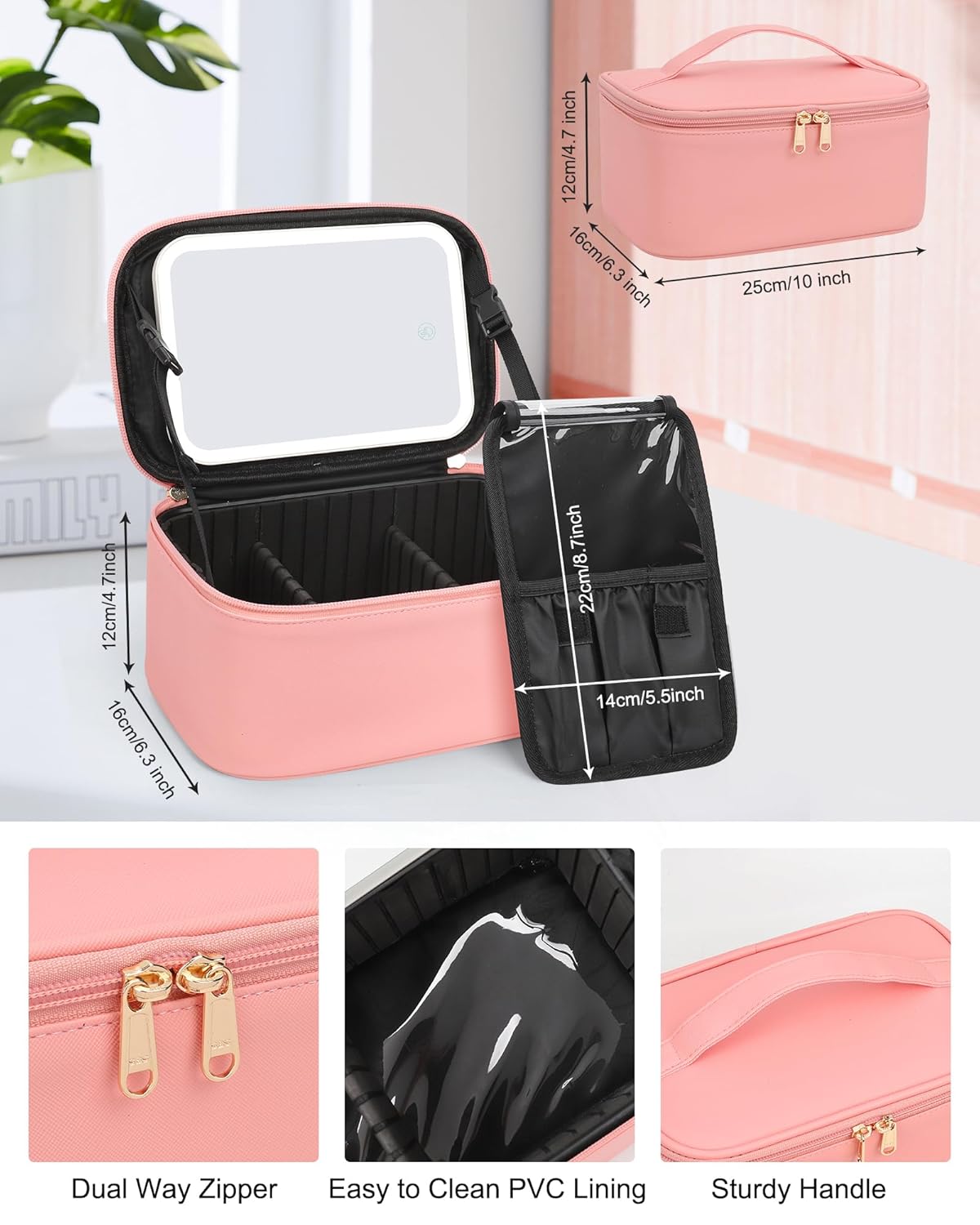 Makeup Bag With LED Mirror, Travel Makeup Bag With 3 Color Setting Light Up Mirror Cosmetic Makeup Organizer Vanity Case for Women Beauty Tools Accessories Rechargeable Makeup Travel Bag - Pink