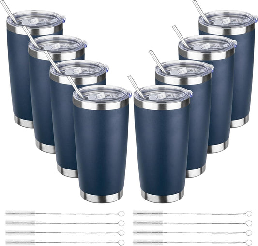 20oz Tumbler with Straw and Brush, Stainless Steel Vacuum Insulated tumbler, Double Wall Insulated Coffee Tumbler for Outdoor, Home, Travel,Office (Navy Blue,8pcs)