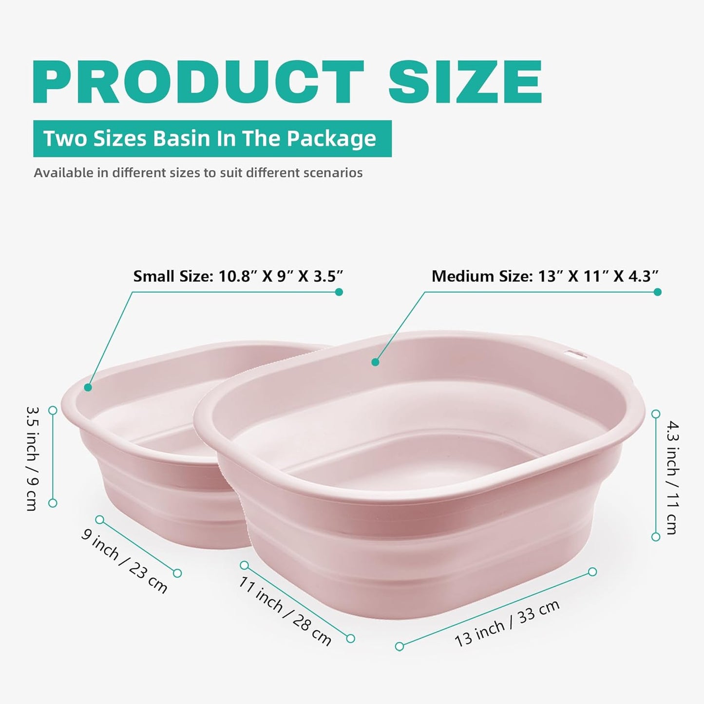 2 Pack Collapsible Wash Basin Set, Foldable Dish Tub, Small Medium Portable Sink for Kitchen, Camping, RV, Baby Bottles, Laundry, Plastic Washbasin -Pink
