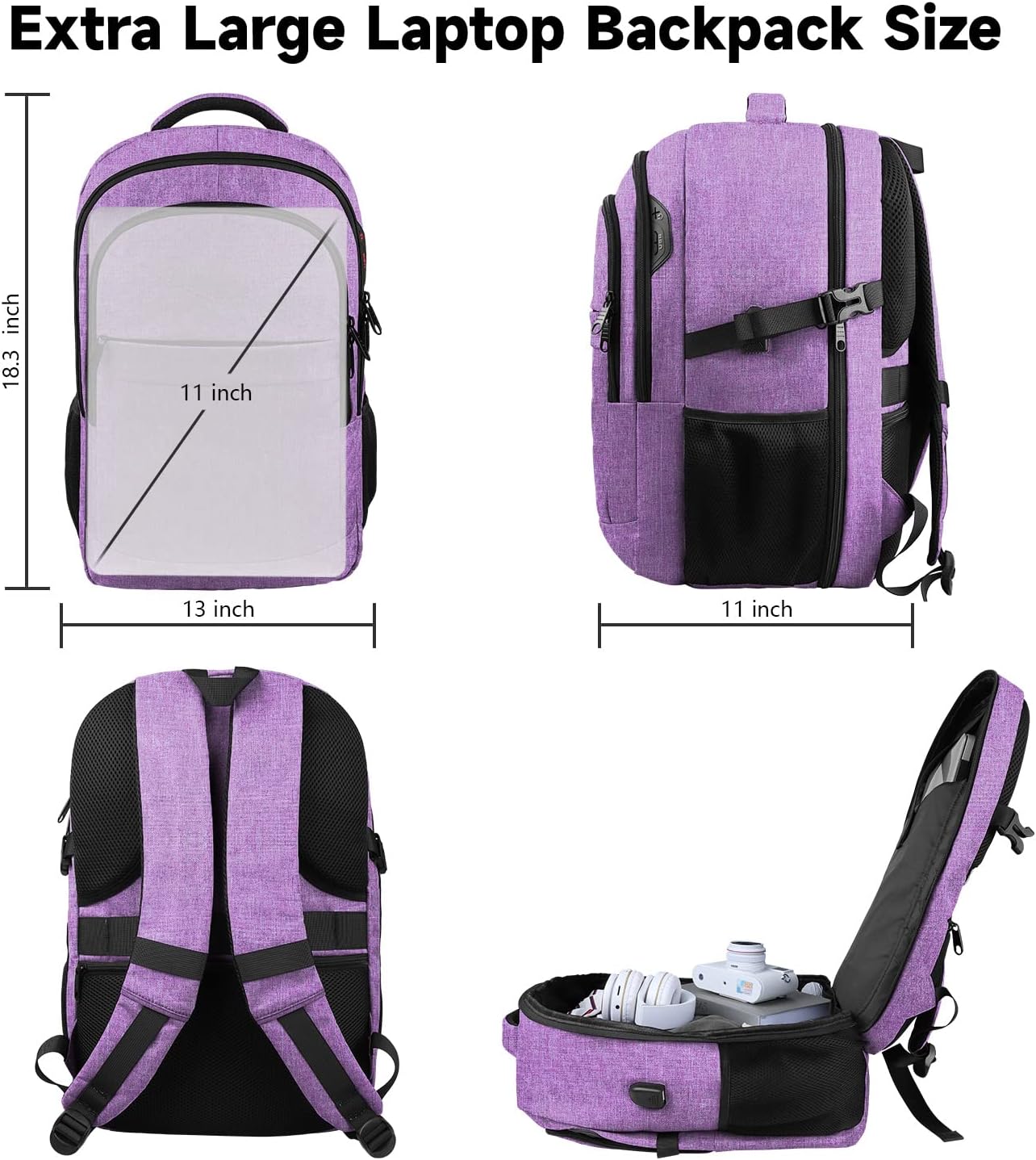 Lapsouno Extra Large Travel Backpack, Travel Laptop Backpack, Multiple Pockets 17.3 Inch Carry on Backpack with USB Port, TSA Friendly Water Resistant College School Business Bag for Women, Purple