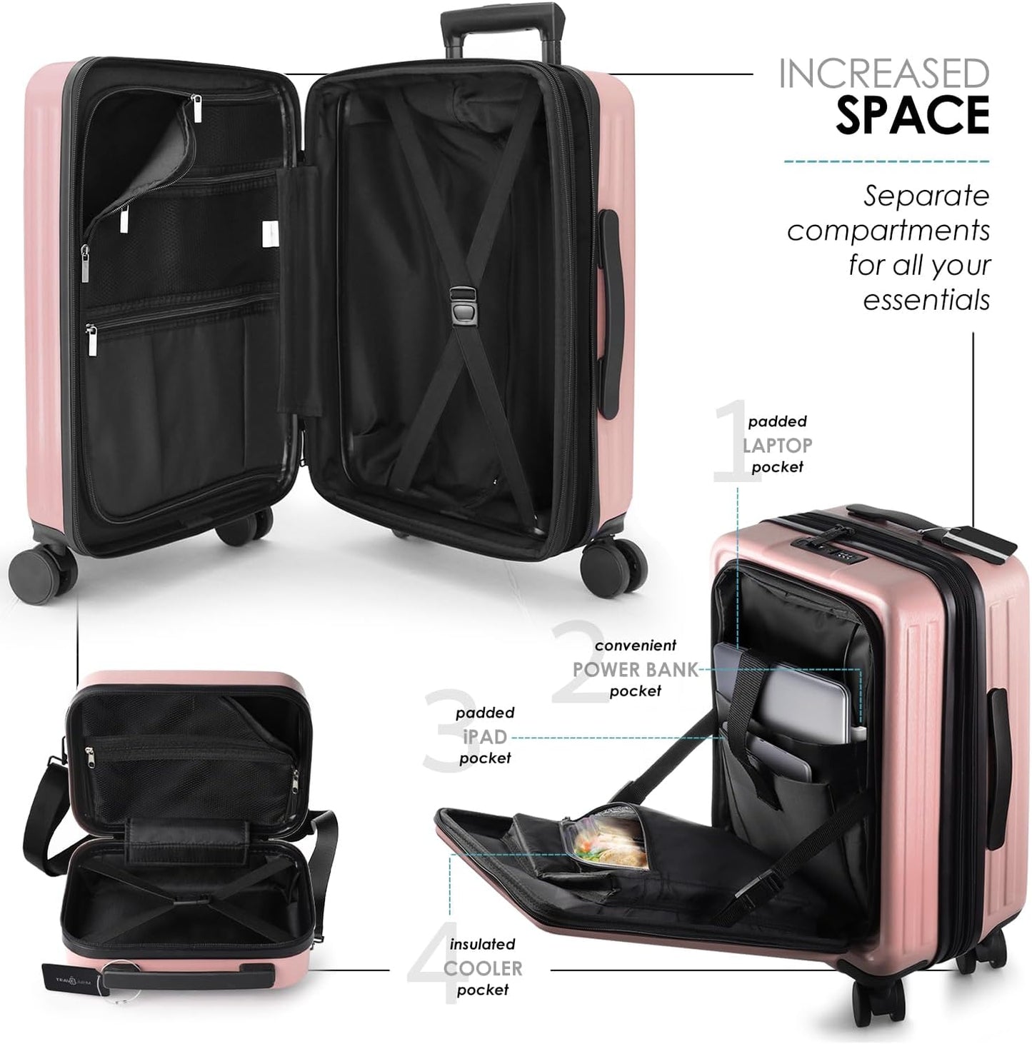 22 Inch Carry On Luggage 22x14x9 Airline Approved, Carry On Suitcase with Wheels, Hard-shell Carry-on Luggage, Durable Luggage Carry-On, Pink Small Suitcase with Cosmetic Case