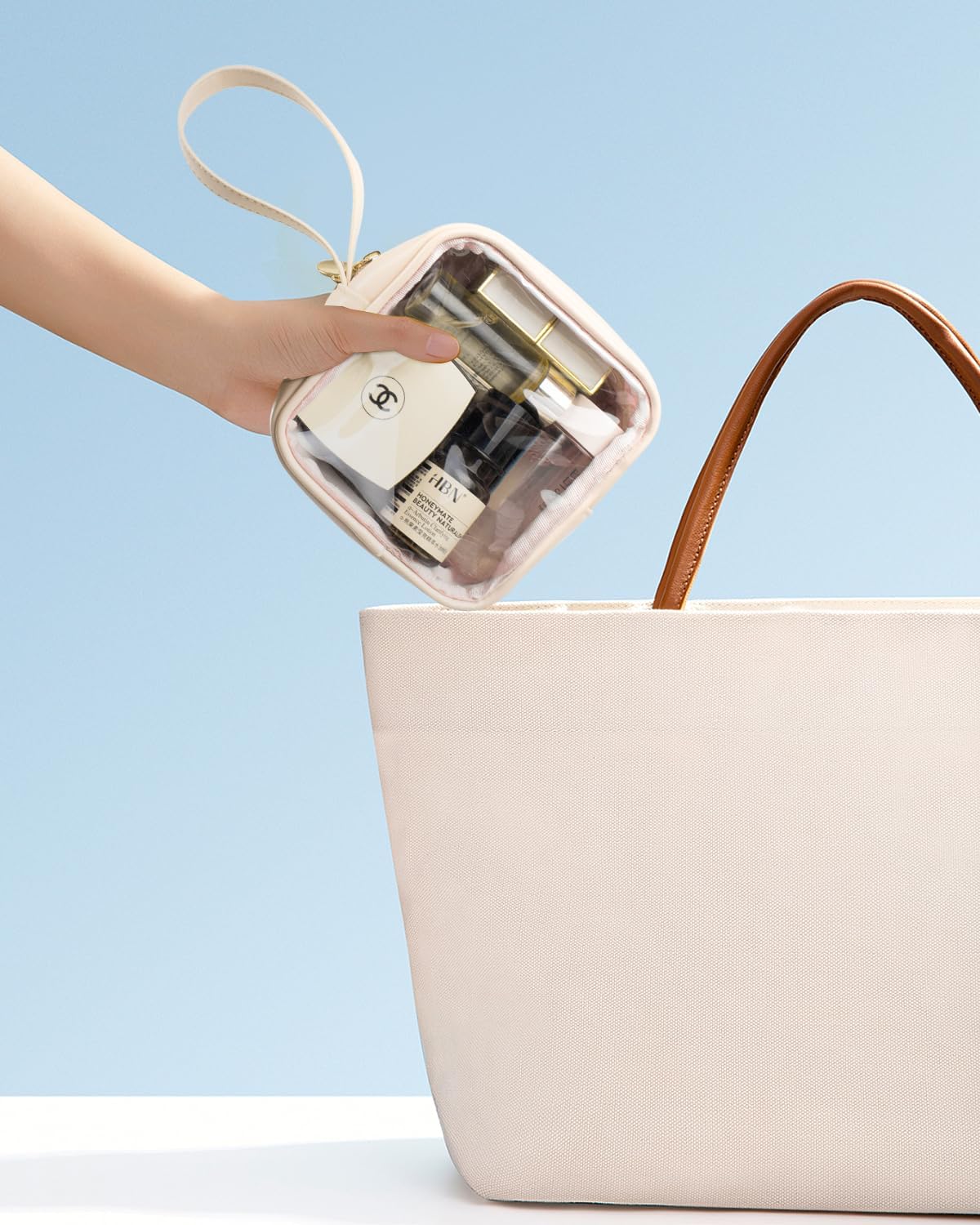 KOTORA TSA Approved Toiletry Bag with Mini Clear Makeup Bag Travel Size Beach Pool Bag Car Accessories for Women Her (Clear Mini-White)