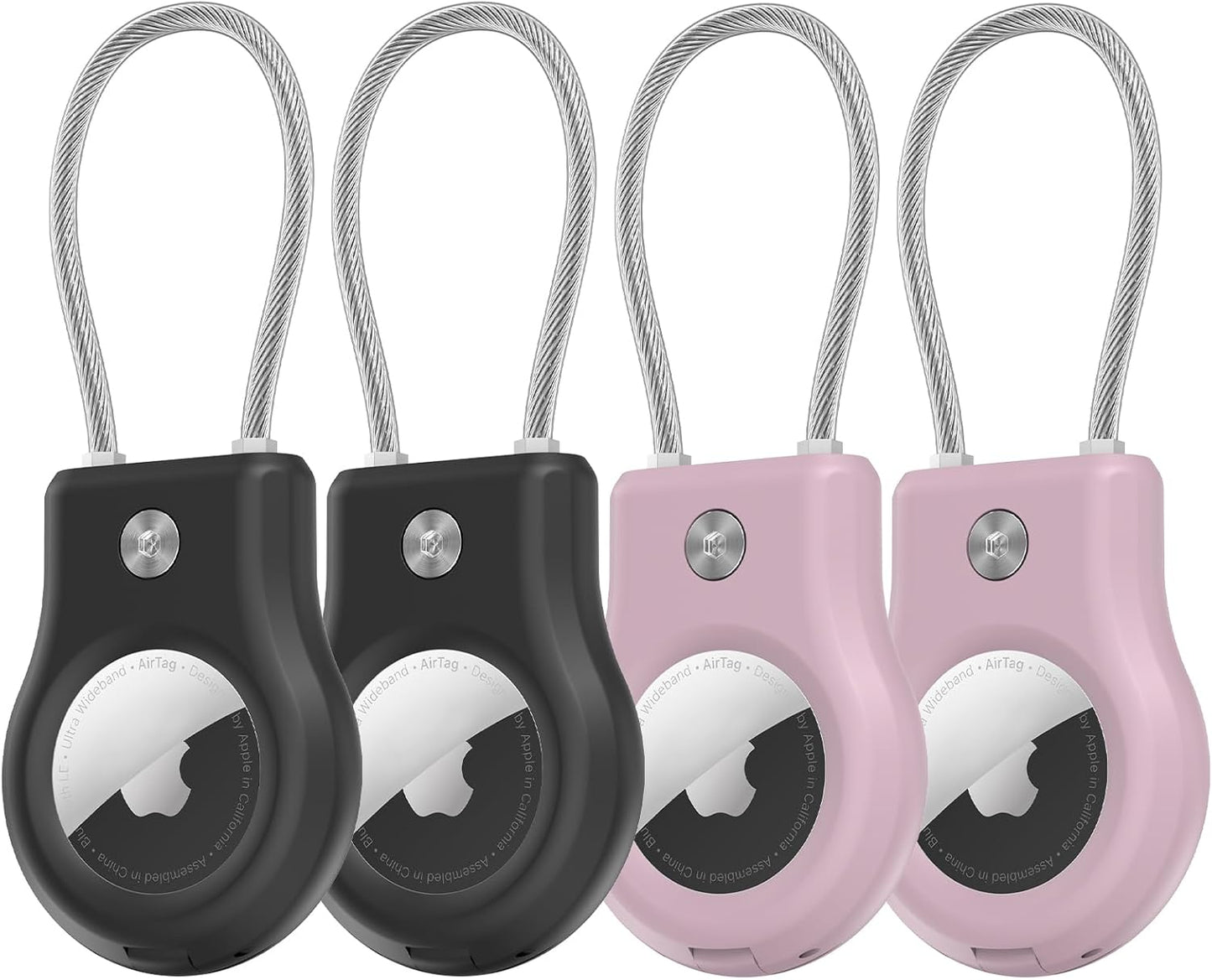 Air tag Holder,(4 Pack) Air tag Keychain with Secure Lock,Air Tags Case with Wire Cable for Apple Airtag,Anti-Lost Protective Case with Keyring for Luggage, Key, Pet, Bag, Black/Purple