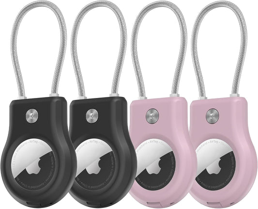 Air tag Holder,(4 Pack) Air tag Keychain with Secure Lock,Air Tags Case with Wire Cable for Apple Airtag,Anti-Lost Protective Case with Keyring for Luggage, Key, Pet, Bag, Black/Purple