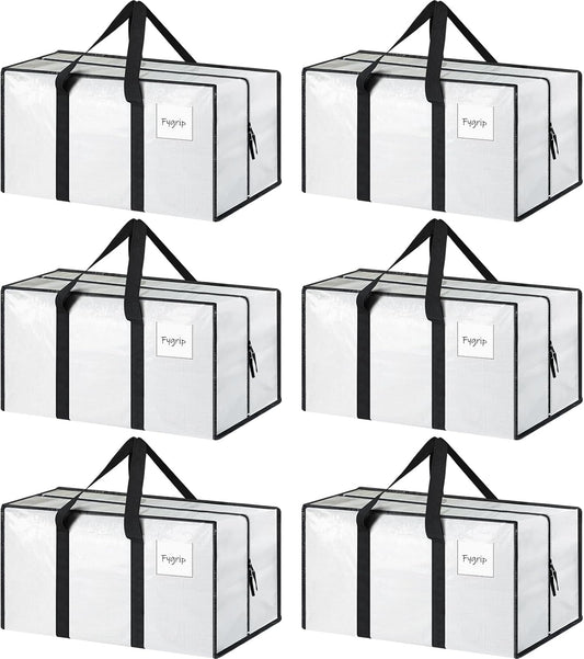 6 Pack Extra Heavy Duty Large Moving Bags with Strong Zipper & Comfortable Handles, Sturdy & Durable Clothes Storage Bags Totes Bins, Packing Moving Boxes for College Supplies, White