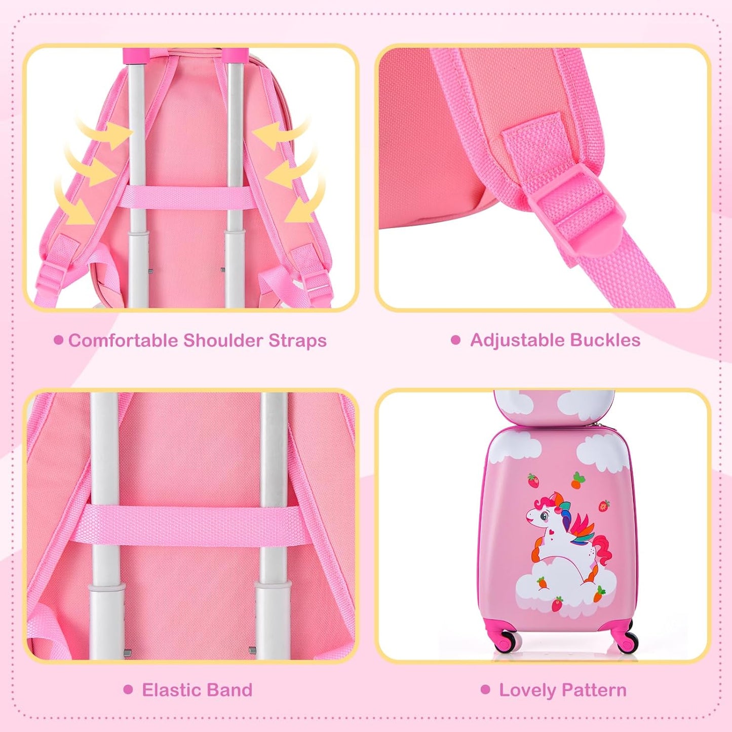 HONEY JOY Kids Luggage, 12" Toddler Backpack & 16" Travel Suitcase with Wheels, Lightweight Toddler Girls Suitcase, Durable ABS Hardshell, 2Pcs Carry On Luggage Set for Boys Girls(Unicorn)