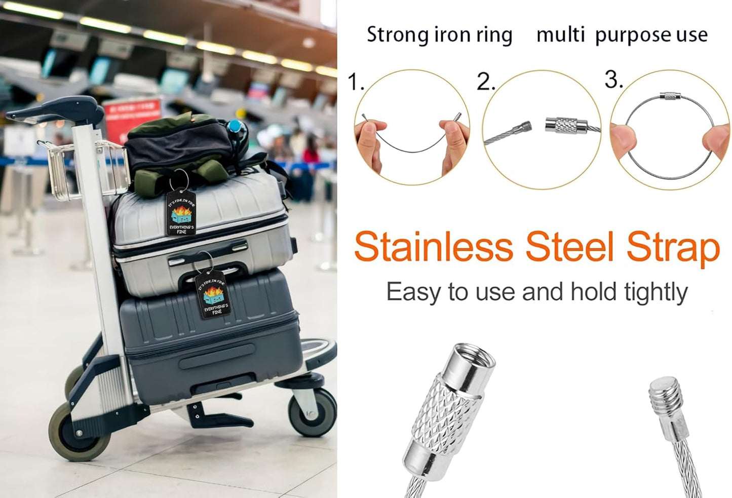 2 Pack Luggage Tags for suitcases Funny Cute Black Trash on fire I'm Fine It's Fine Luggage Tag, Leather Stainless Steel Loop Label Tag for Men Women Travel Bag Suitcase(Trash on fire)